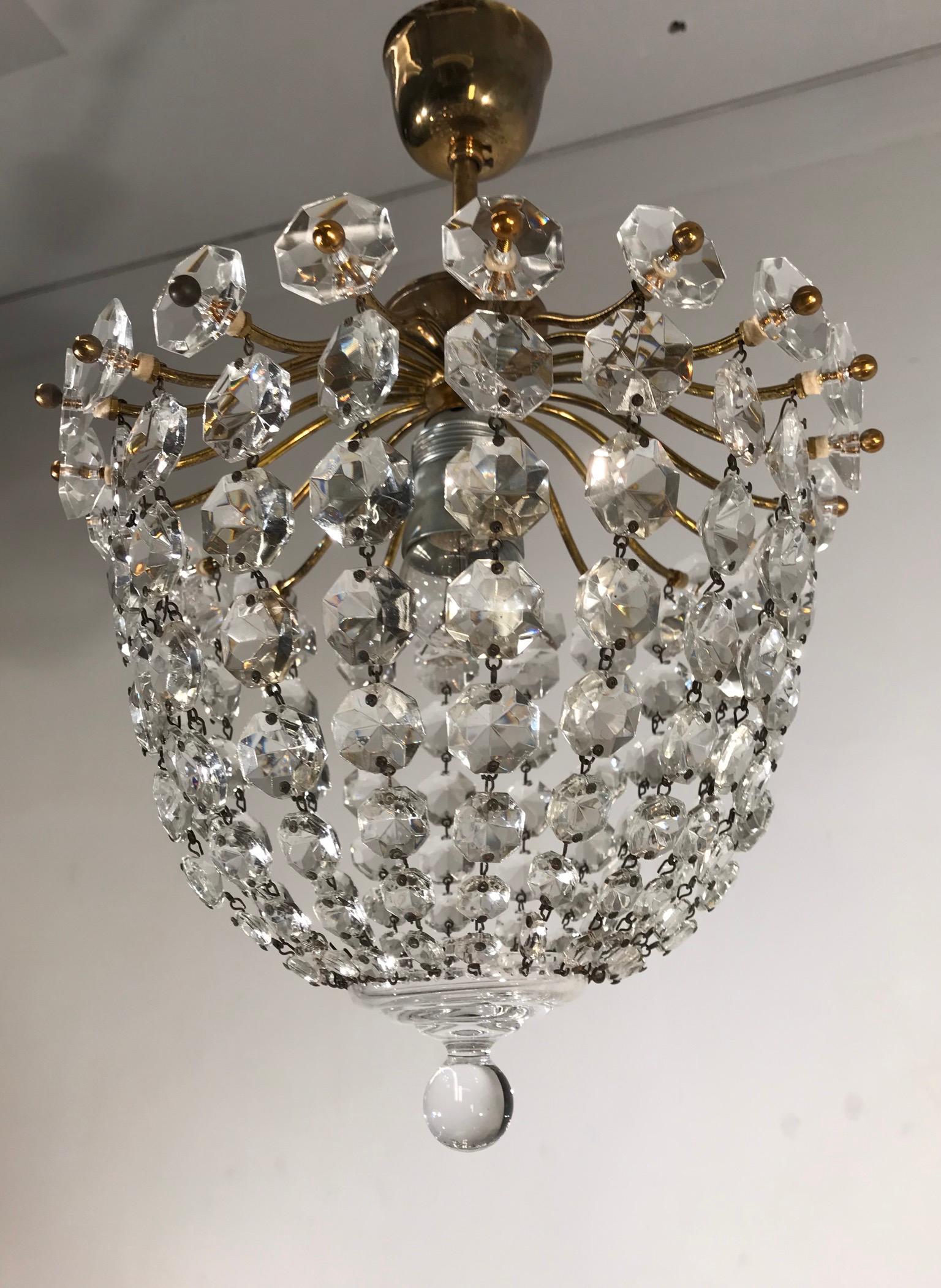 Stylish Little Midcentury Brass and Crystal Glass Murano Pendant Light Fixture 5