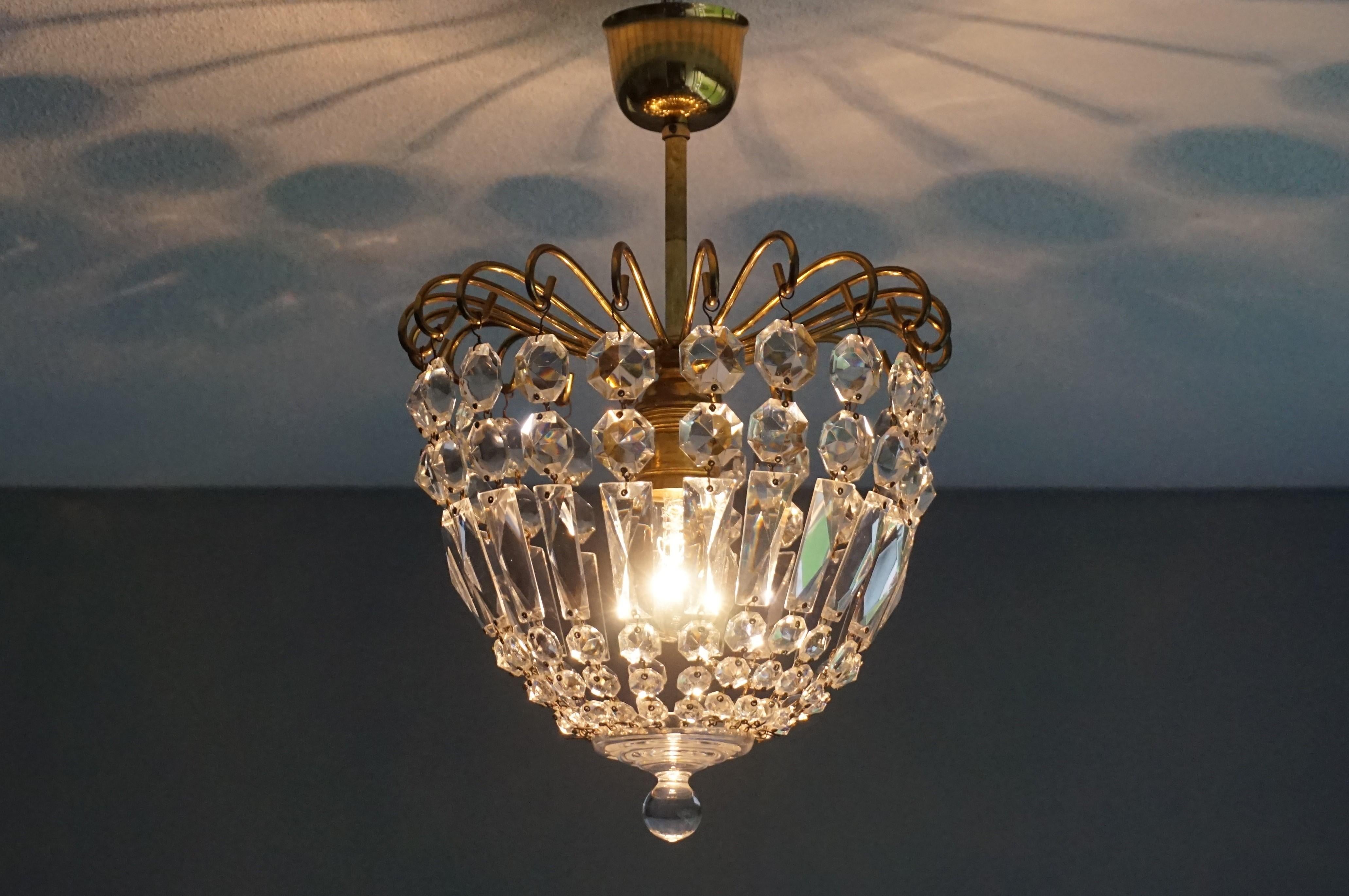 Stylish Little Mid Century Brass and Crystal Glass Murano Pendant Light Fixture 9