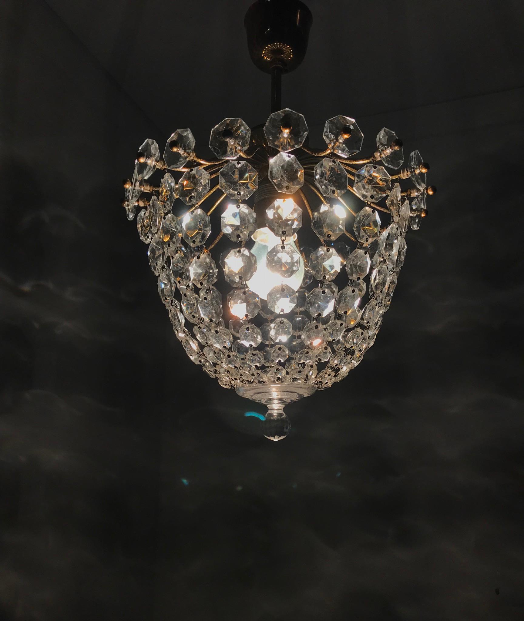 Stylish Little Midcentury Brass and Crystal Glass Murano Pendant Light Fixture 10