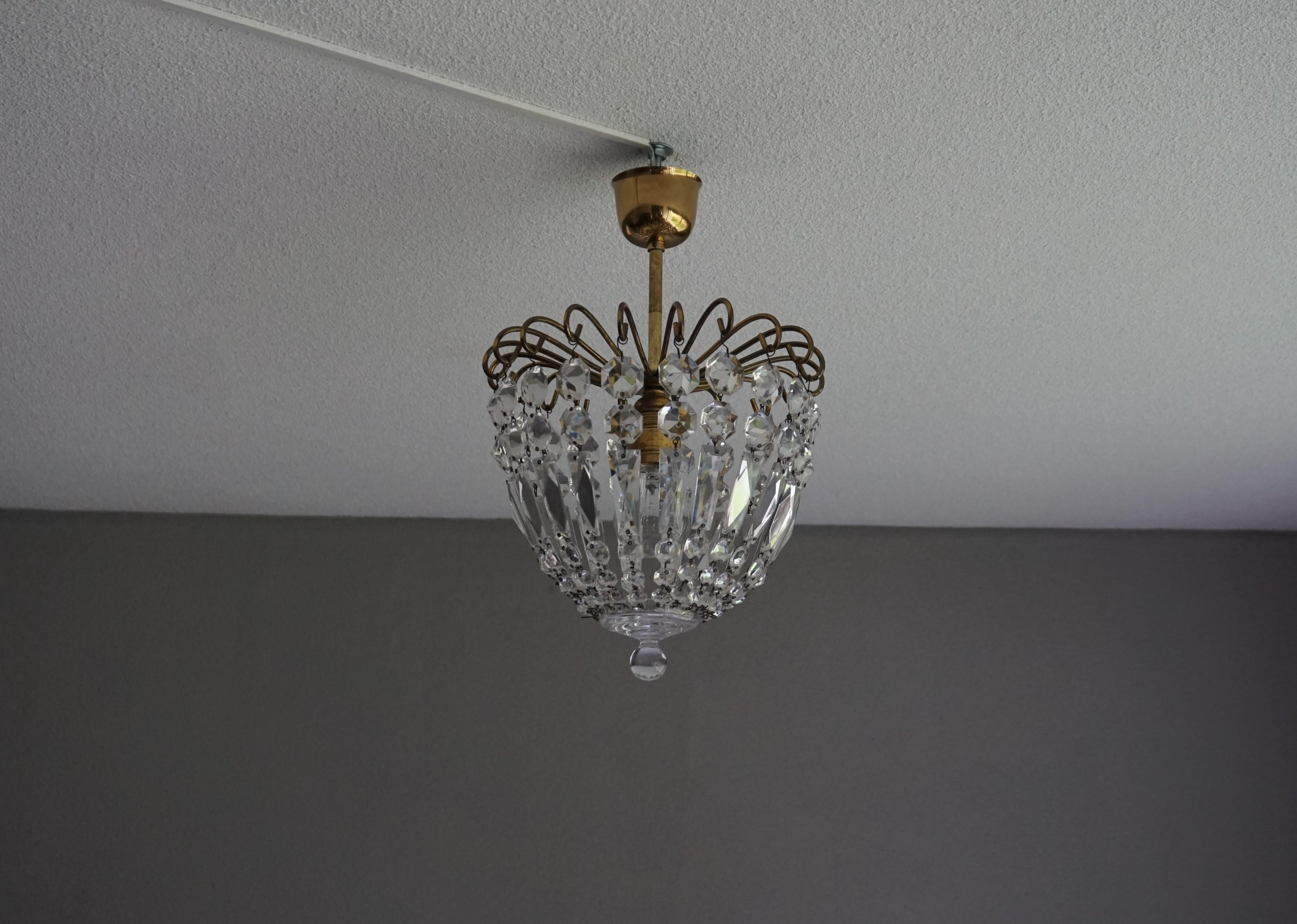 Italian Stylish Little Mid Century Brass and Crystal Glass Murano Pendant Light Fixture