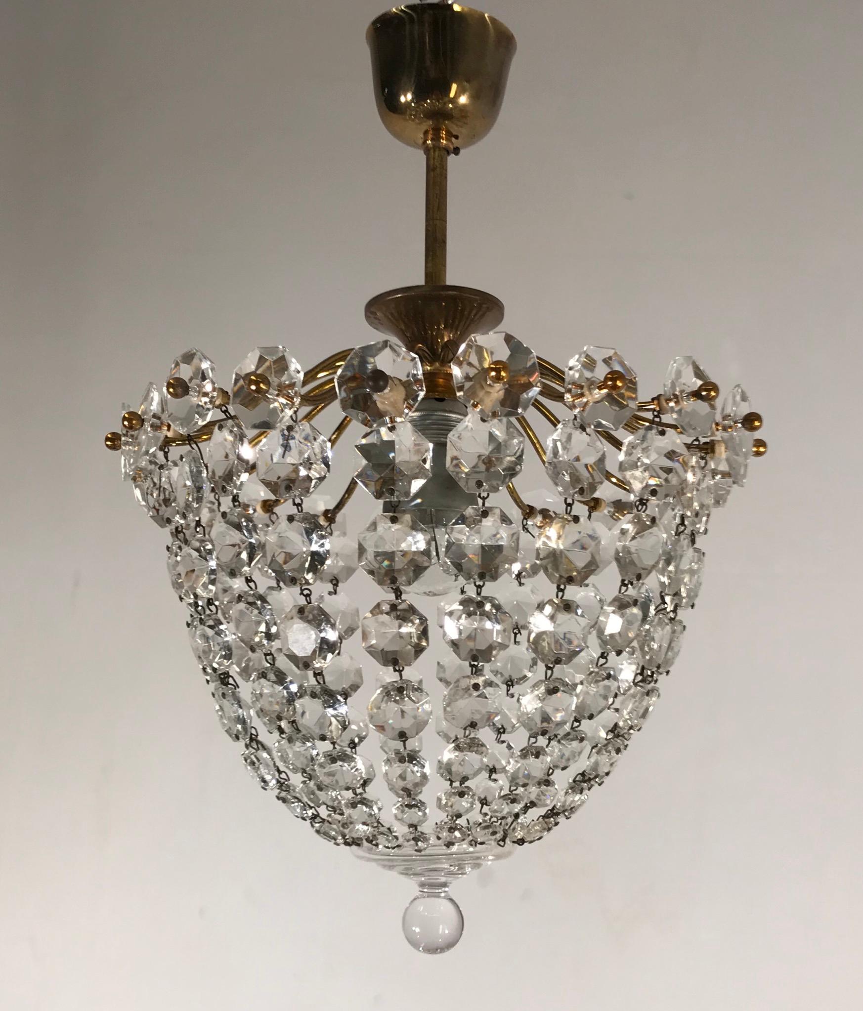 Italian Stylish Little Midcentury Brass and Crystal Glass Murano Pendant Light Fixture