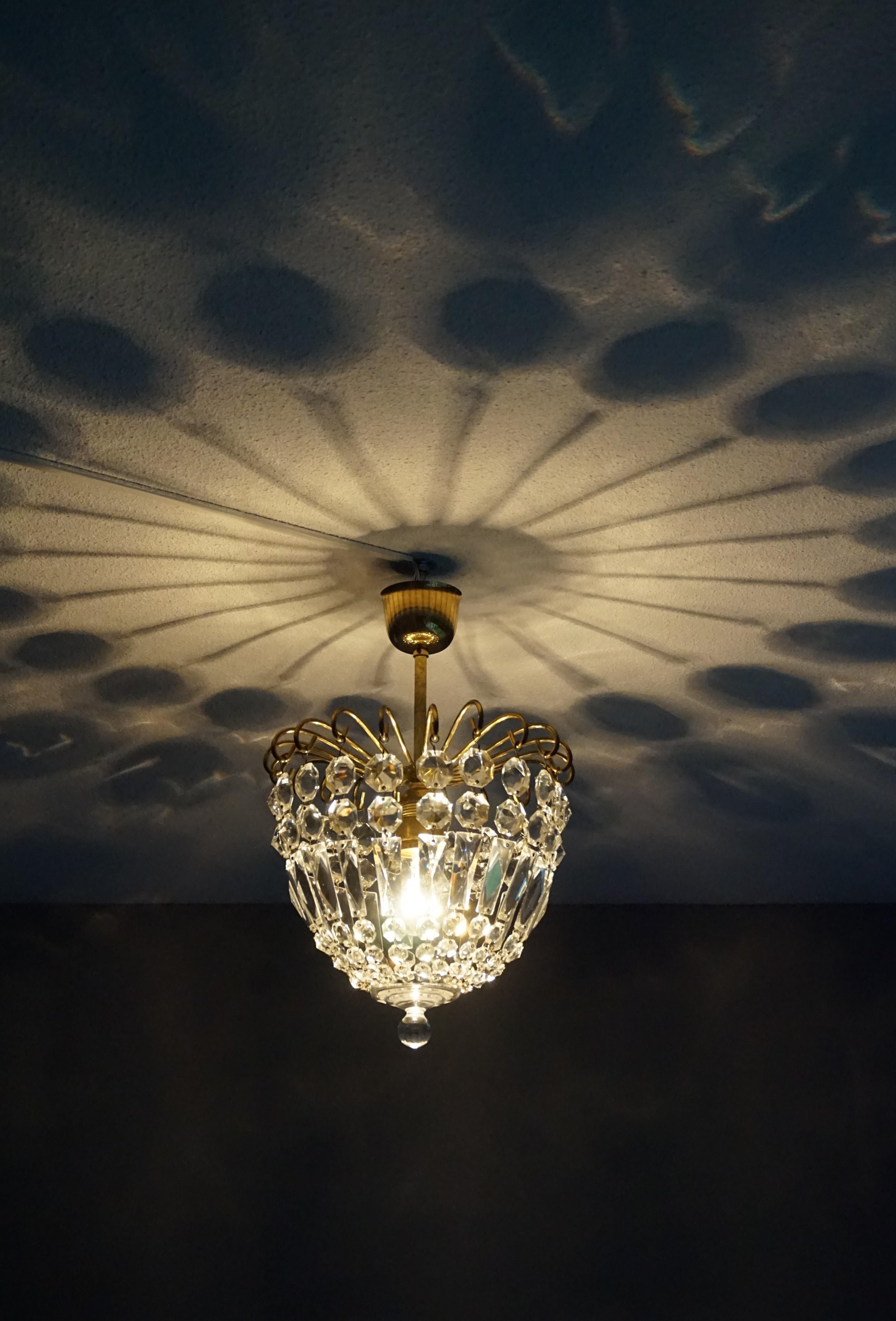 Hand-Crafted Stylish Little Mid Century Brass and Crystal Glass Murano Pendant Light Fixture