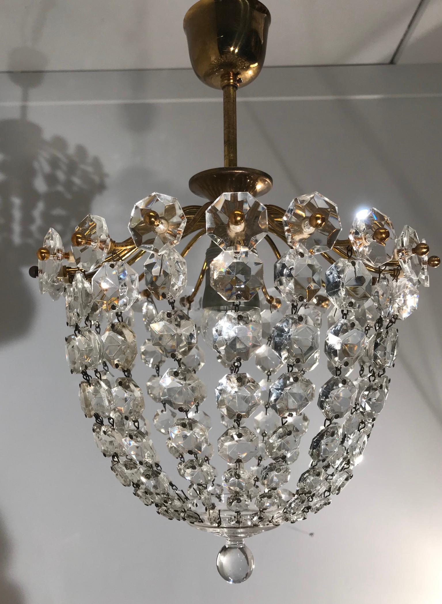 Hand-Crafted Stylish Little Midcentury Brass and Crystal Glass Murano Pendant Light Fixture