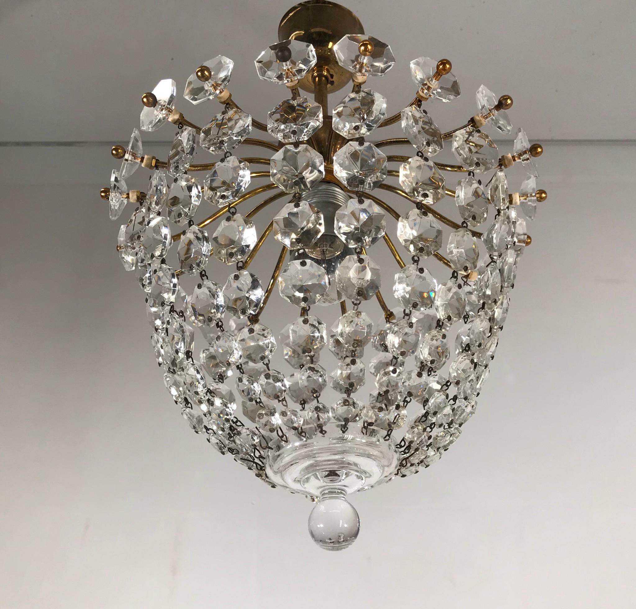 20th Century Stylish Little Midcentury Brass and Crystal Glass Murano Pendant Light Fixture