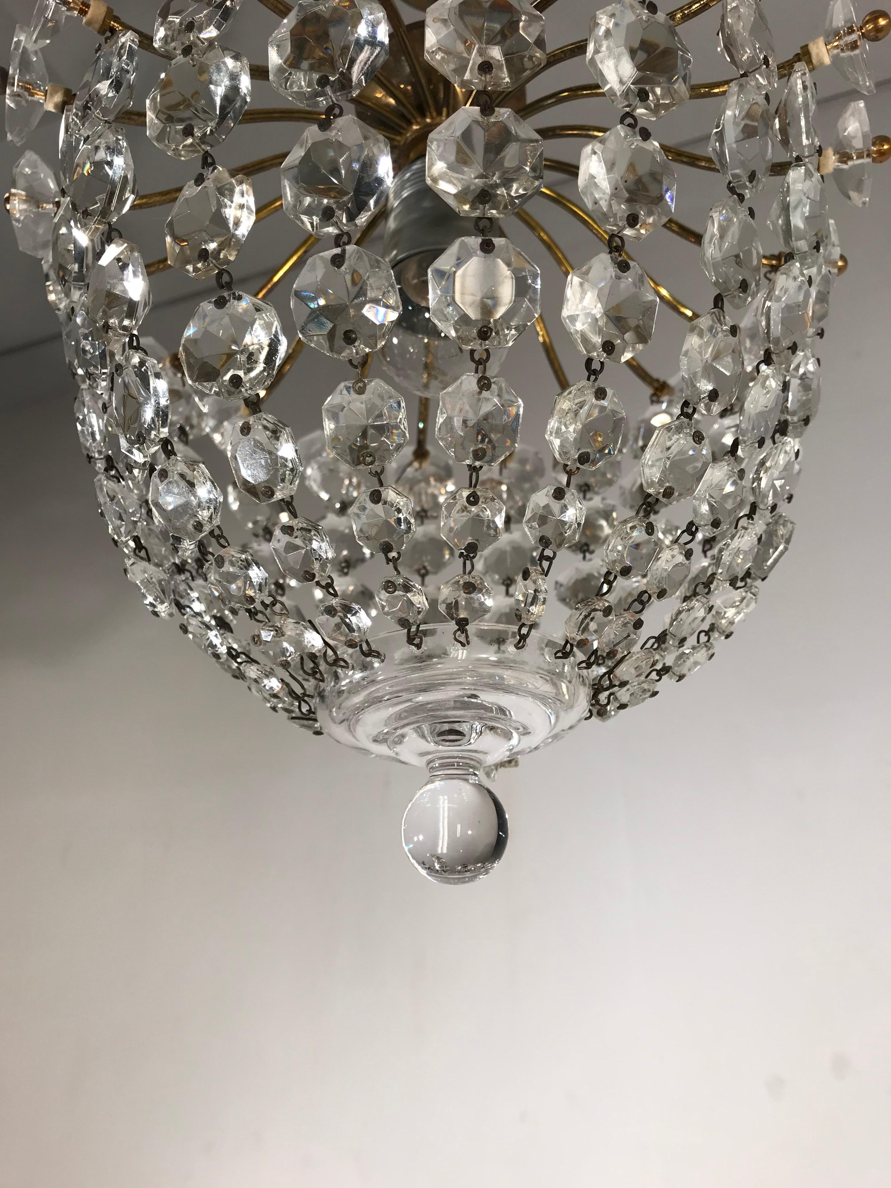 Stylish Little Midcentury Brass and Crystal Glass Murano Pendant Light Fixture 1