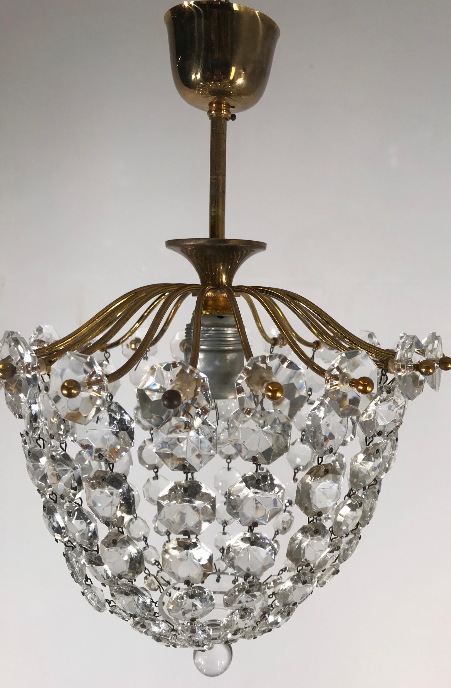 Stylish Little Midcentury Brass and Crystal Glass Murano Pendant Light Fixture 2