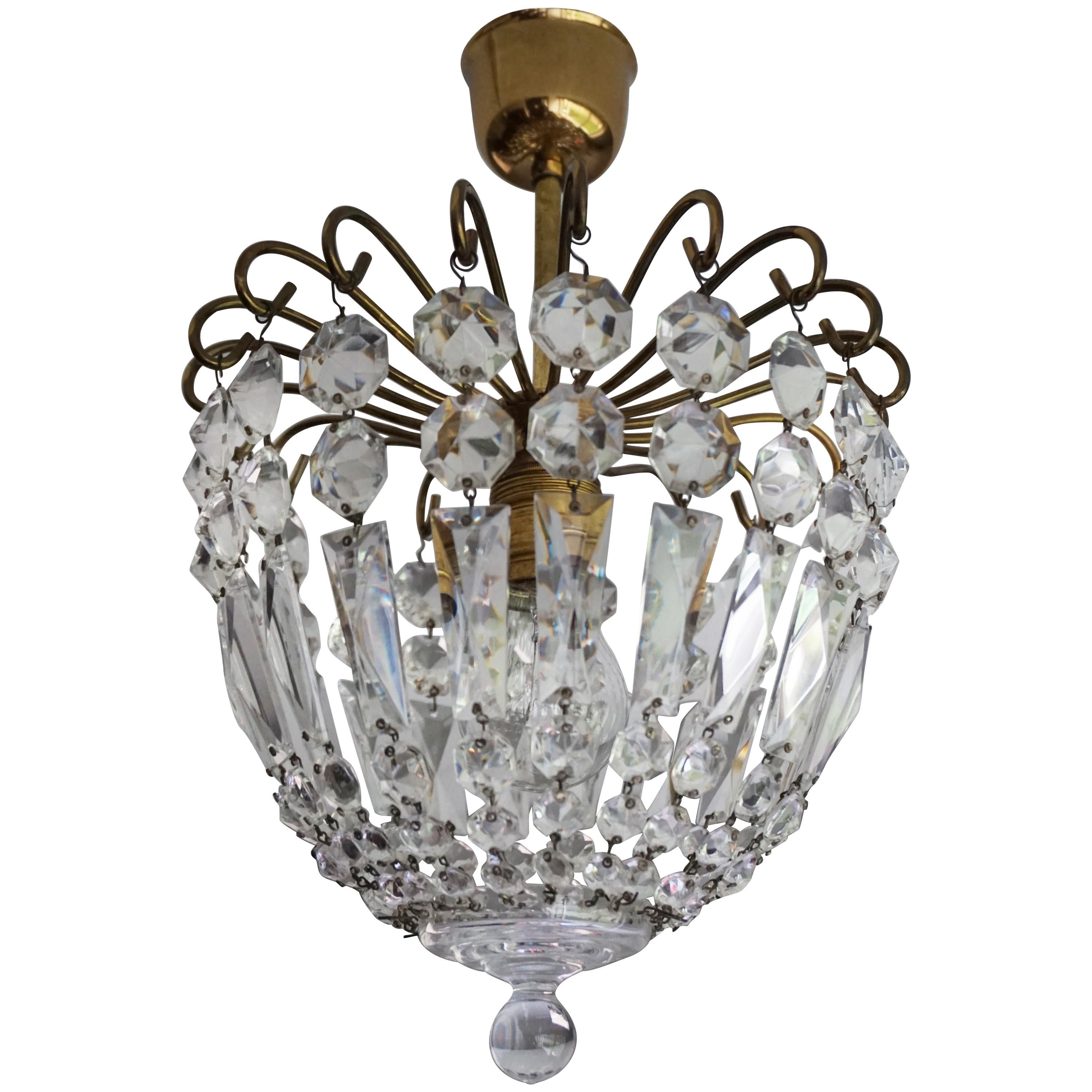 Stylish Little Mid Century Brass and Crystal Glass Murano Pendant Light Fixture