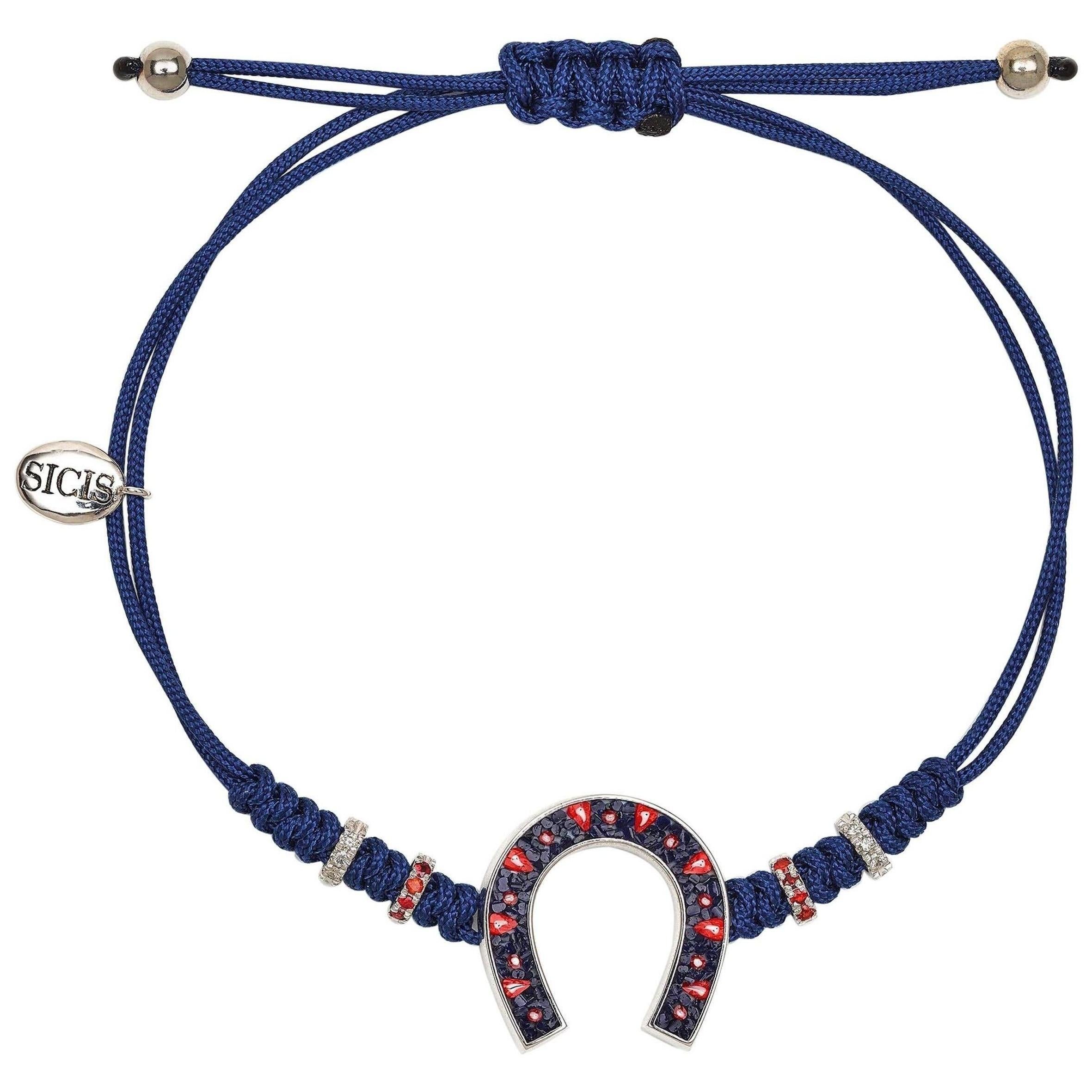 Bracelet de chance élégant en or blanc, diamants blancs, saphirs orange et micro-mosaïque