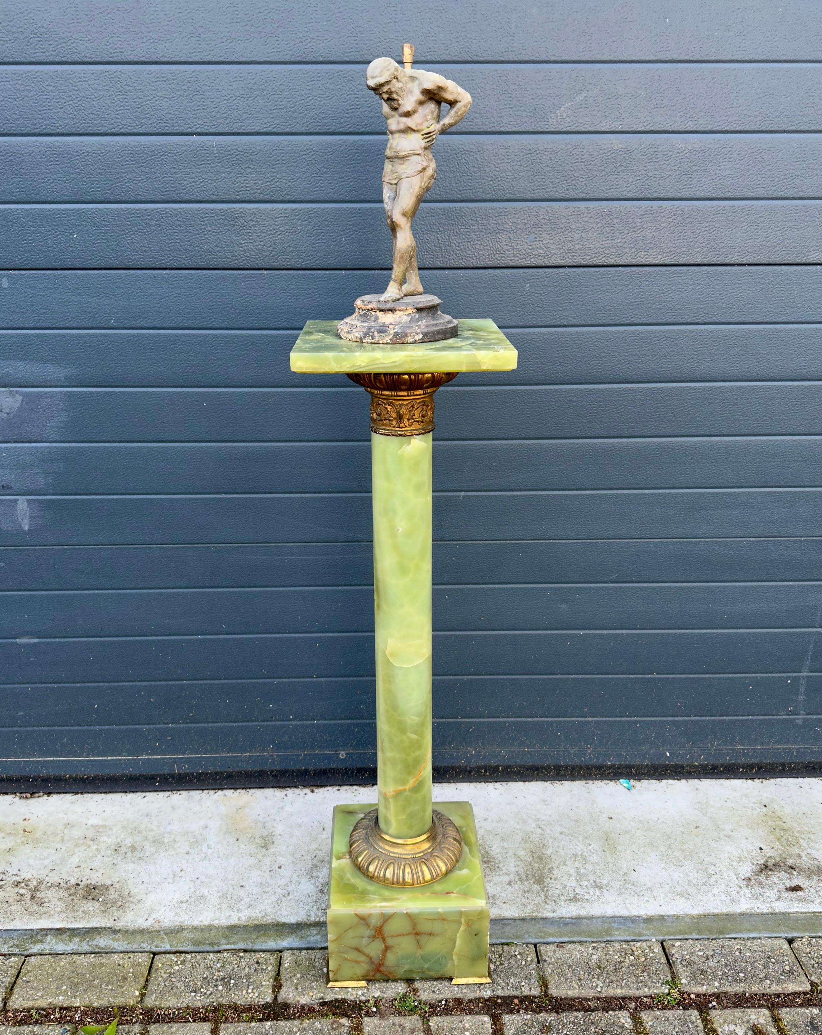 Stylish & Majestic Looking Antique, Green Onyx and Bronze Column Pedestal Stand For Sale 6