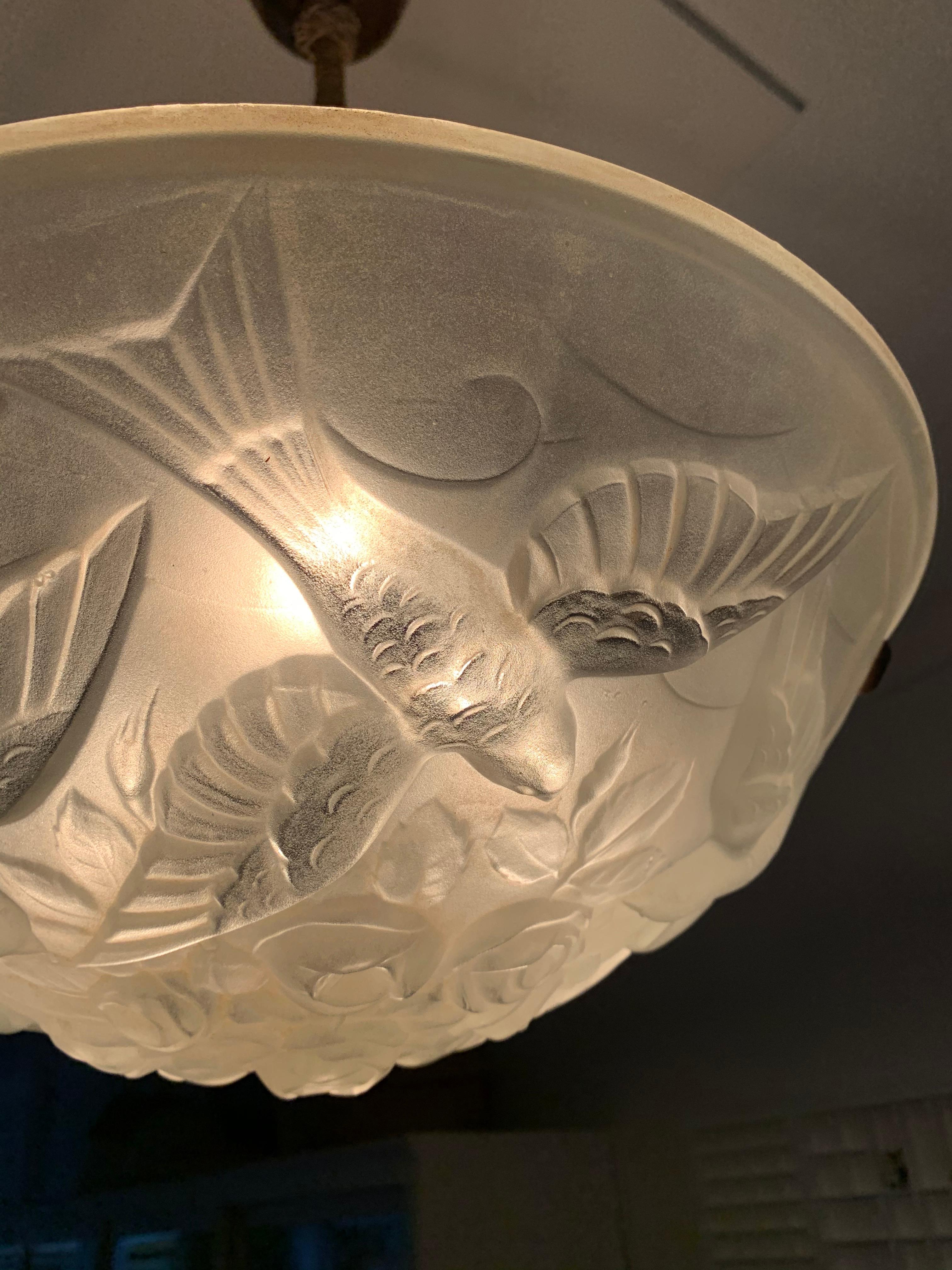 Stylish & Meaningful Art Deco Chandelier, Frosted Glass w. Flying Pigeons Sabine 10