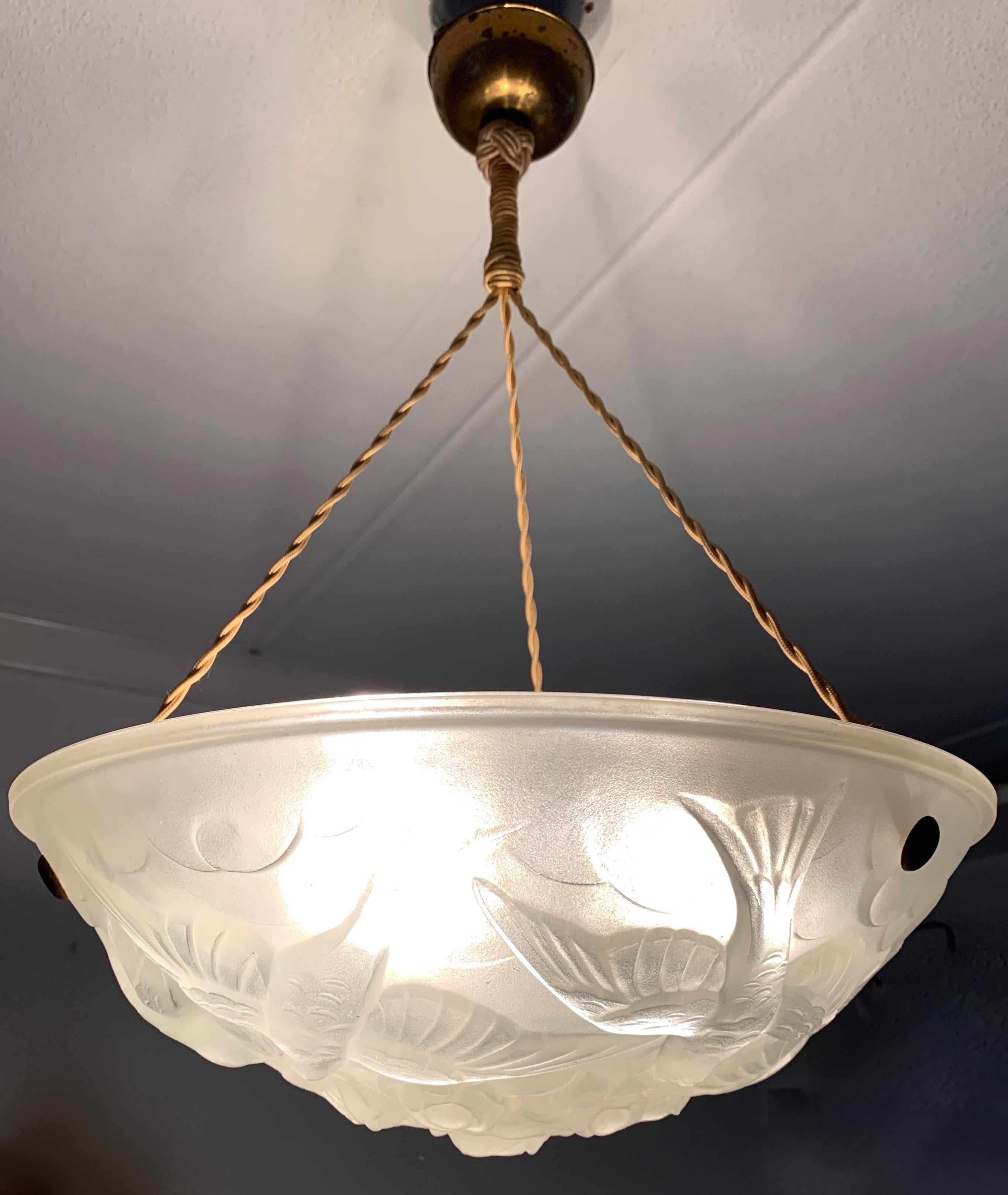 Hand-Crafted Stylish & Meaningful Art Deco Chandelier, Frosted Glass w. Flying Pigeons Sabine