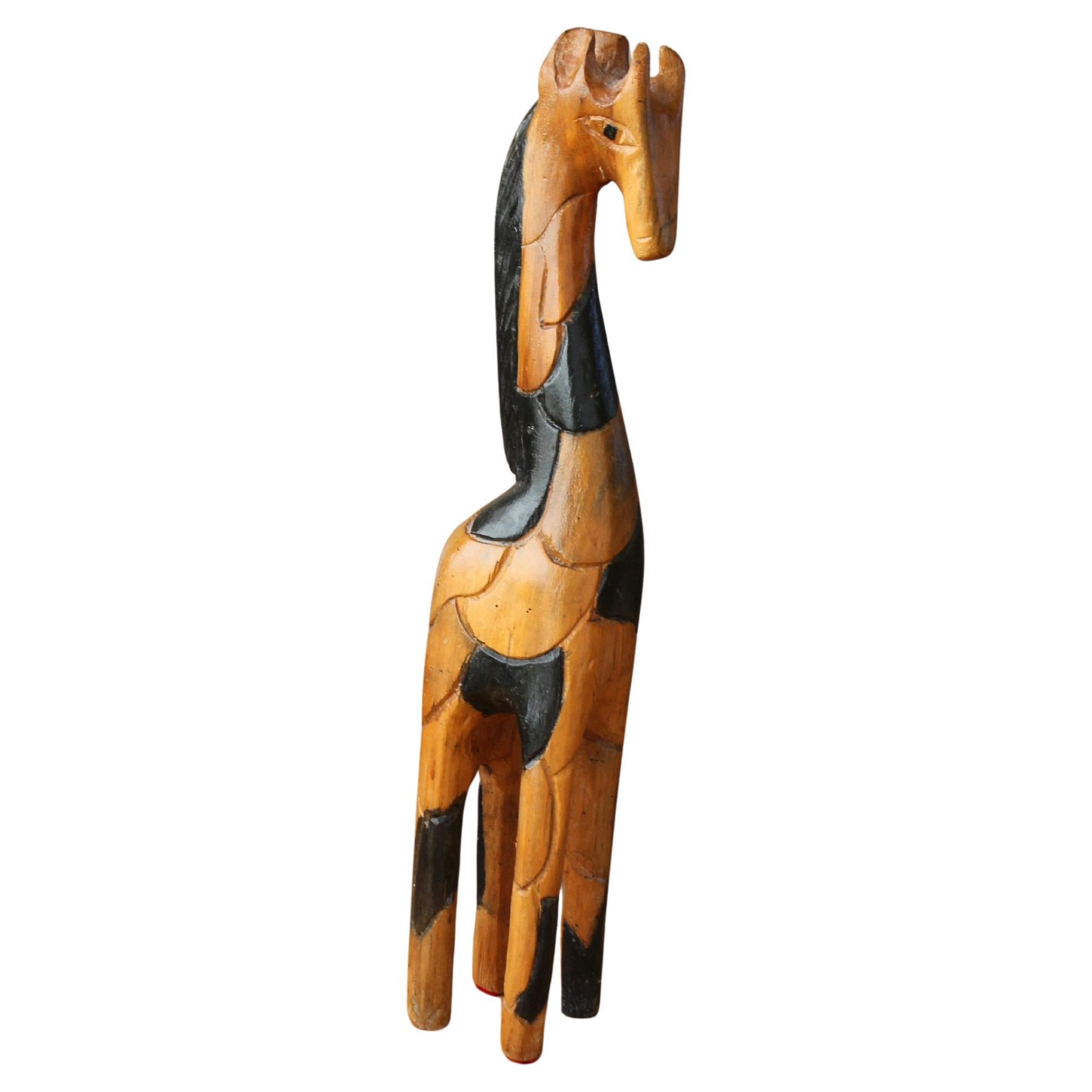 Stylish Mid Century Carved Wood Abstract Giraffe Sculpture! 50s Carved Art Decor For Sale