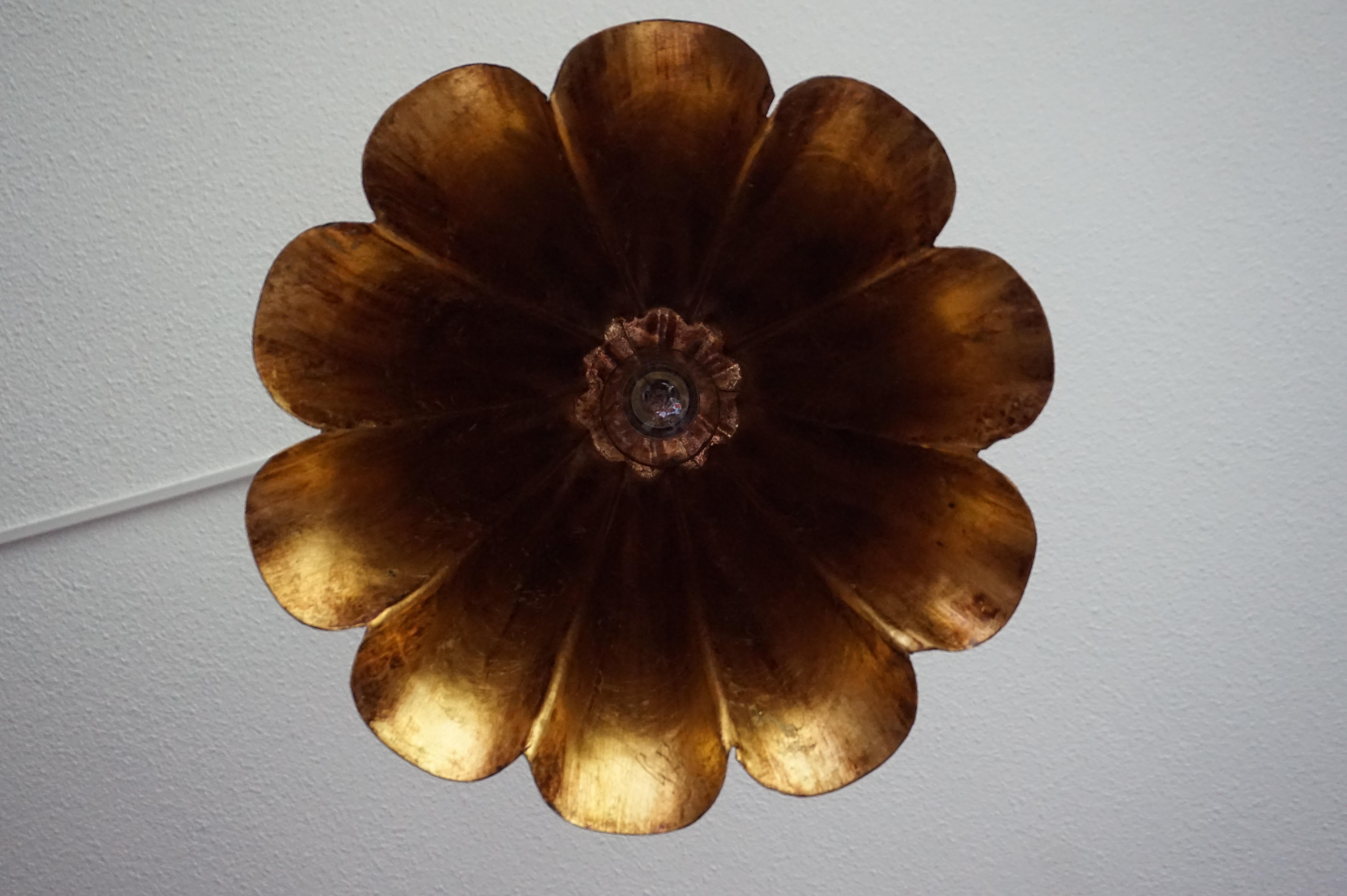 Stylish Midcentury Gilt Metal Trumpet Flower Design Pendant Light / Chandelier 4