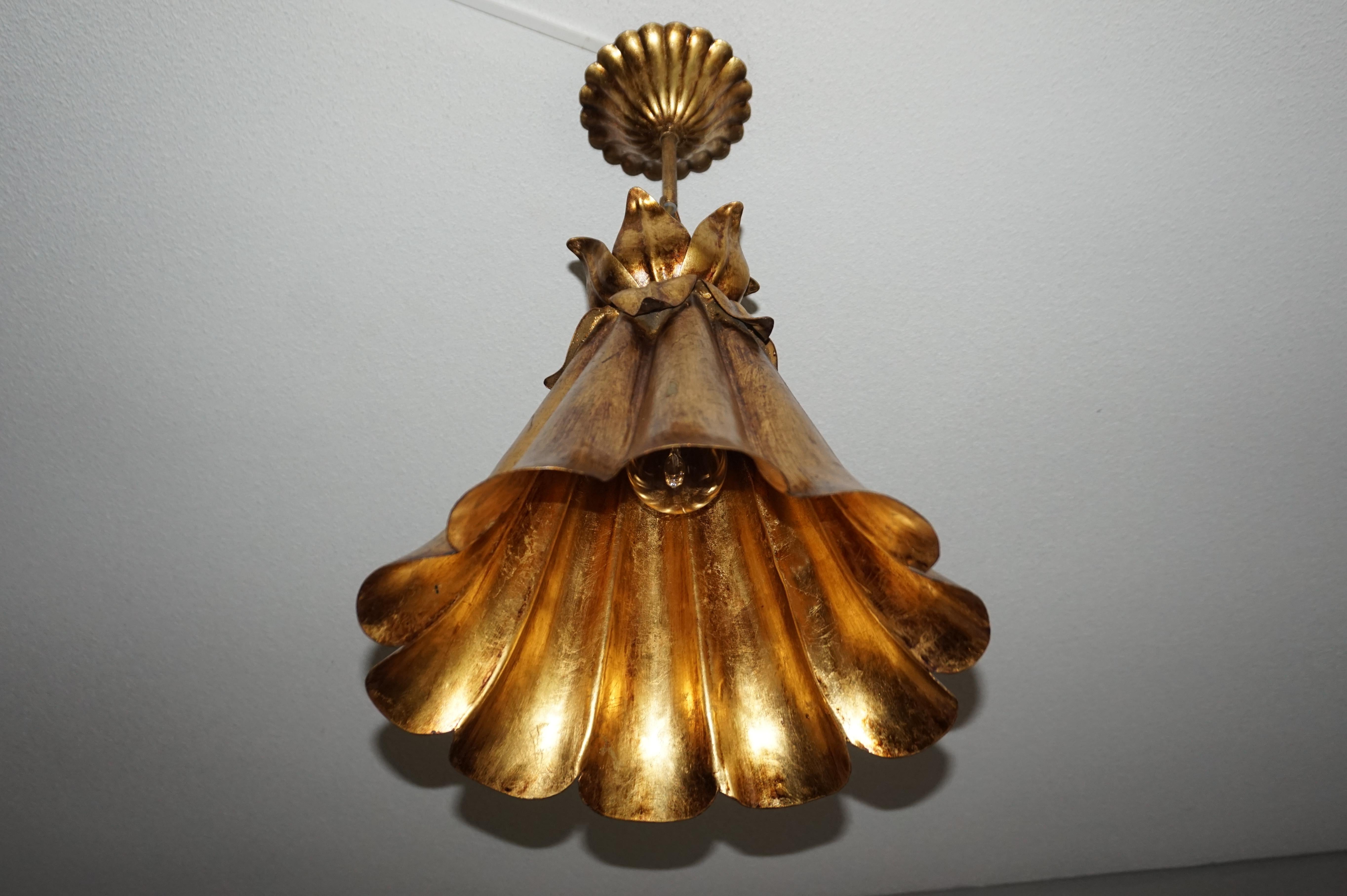 Stylish Midcentury Gilt Metal Trumpet Flower Design Pendant Light / Chandelier 5