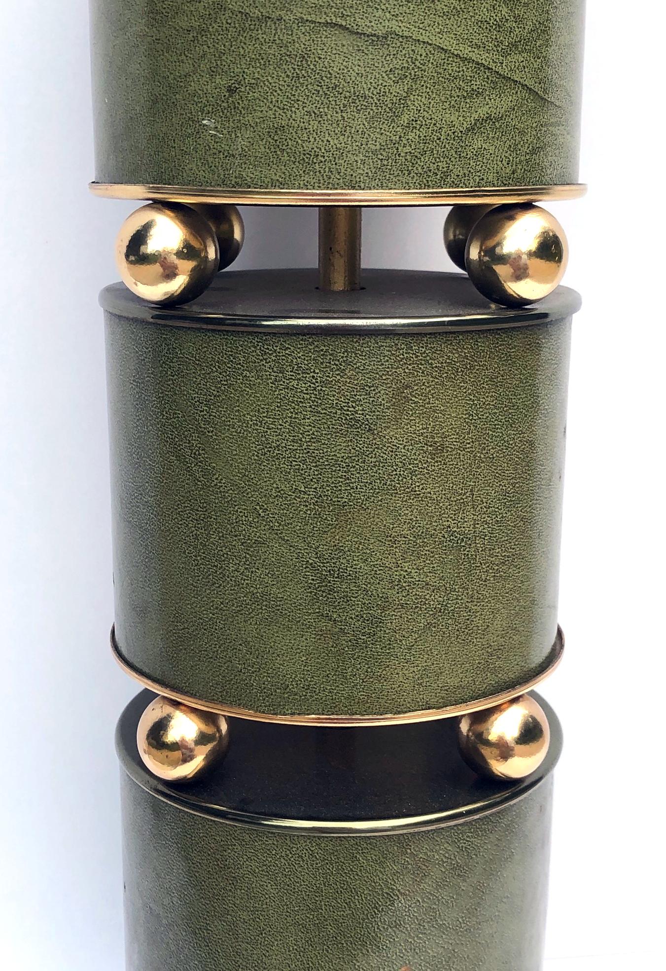 Stylish Mid-Century Green Leather Clad Lamps with Brass Spheres In Excellent Condition In San Francisco, CA