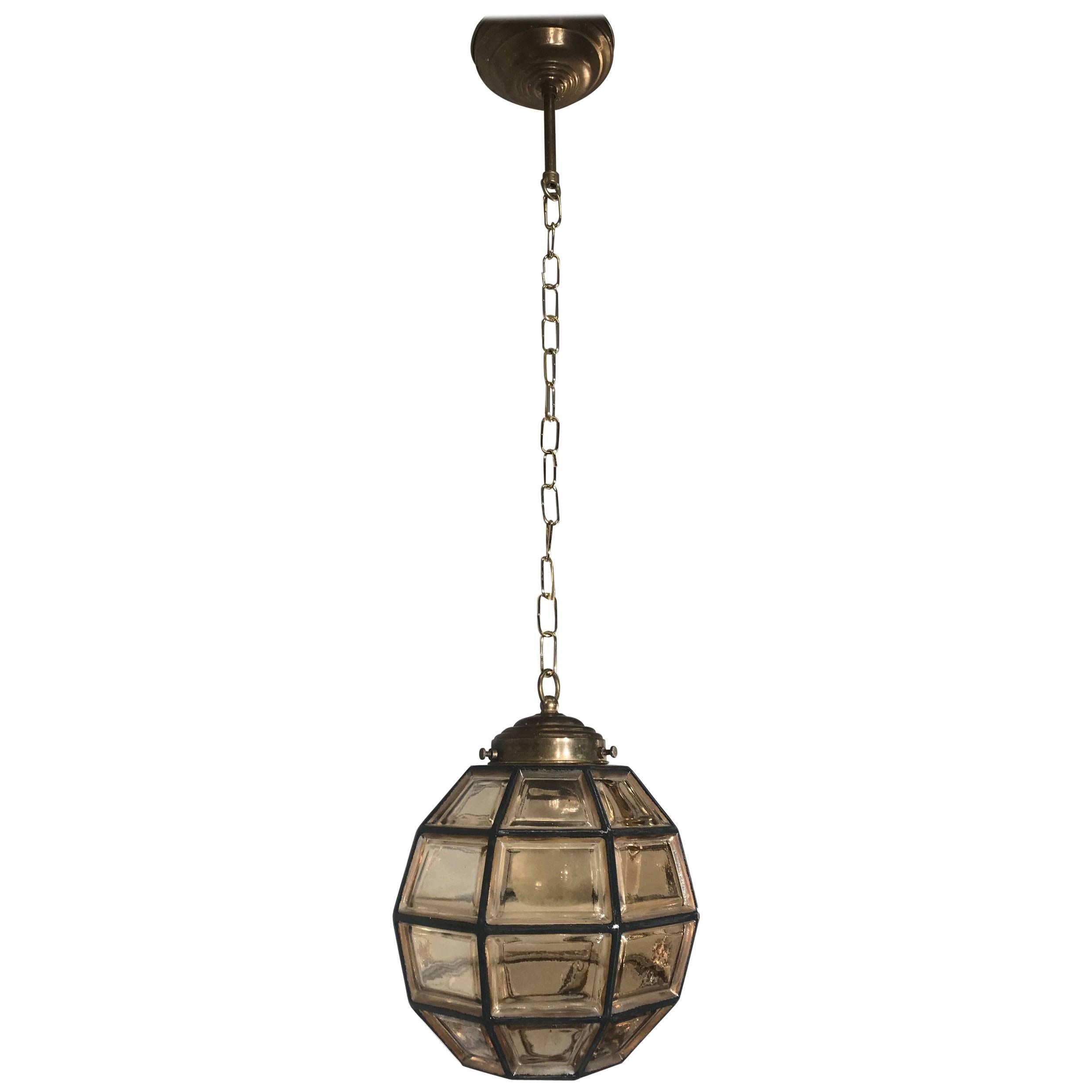 Stylish Mid-Century Modern Facetted and Lined Glass Pendant or Ceiling Lamp For Sale