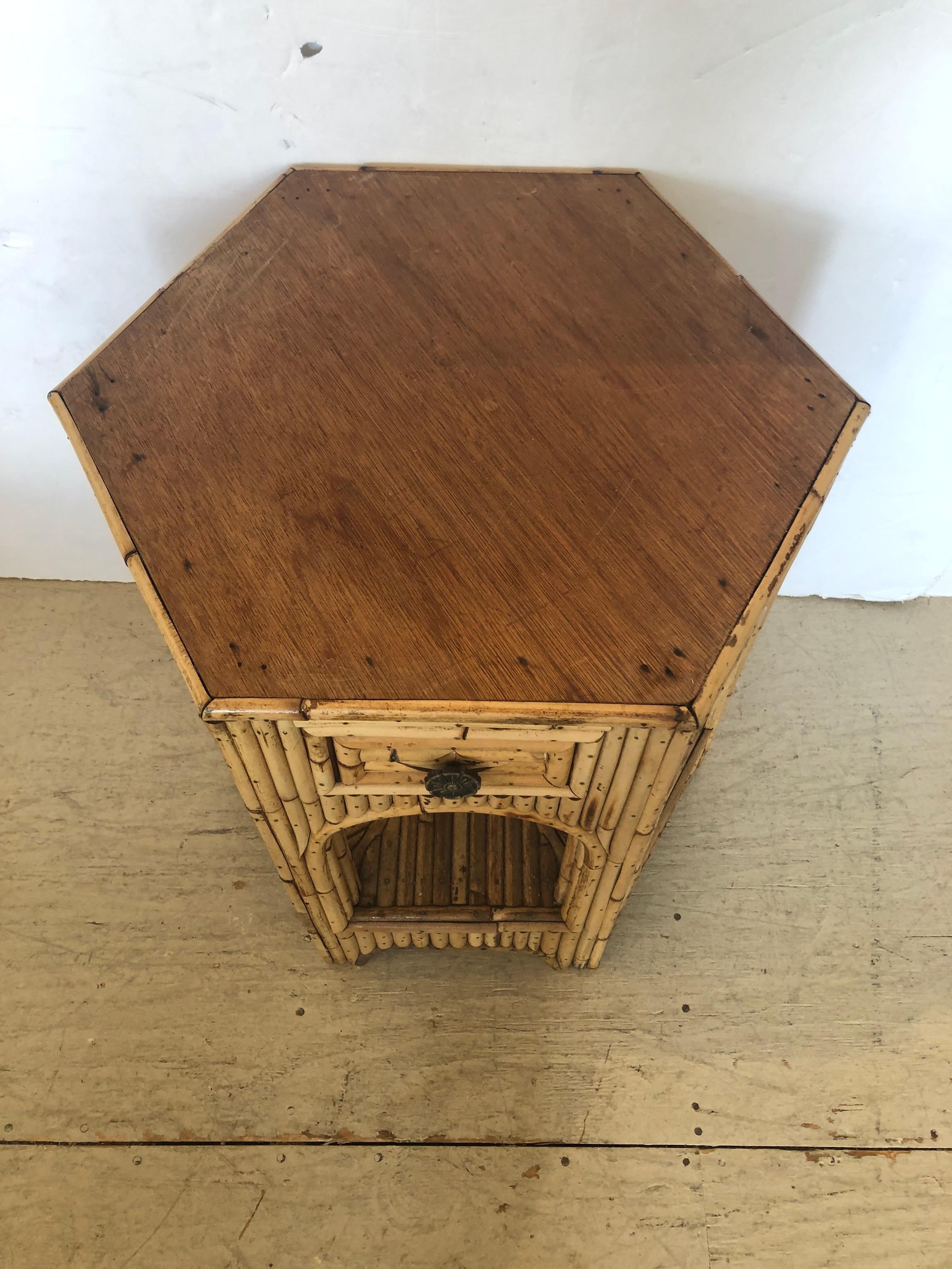 Stylish real bamboo side or end table having a fabulous hexagonal shape, single drawer and lower tier 7
