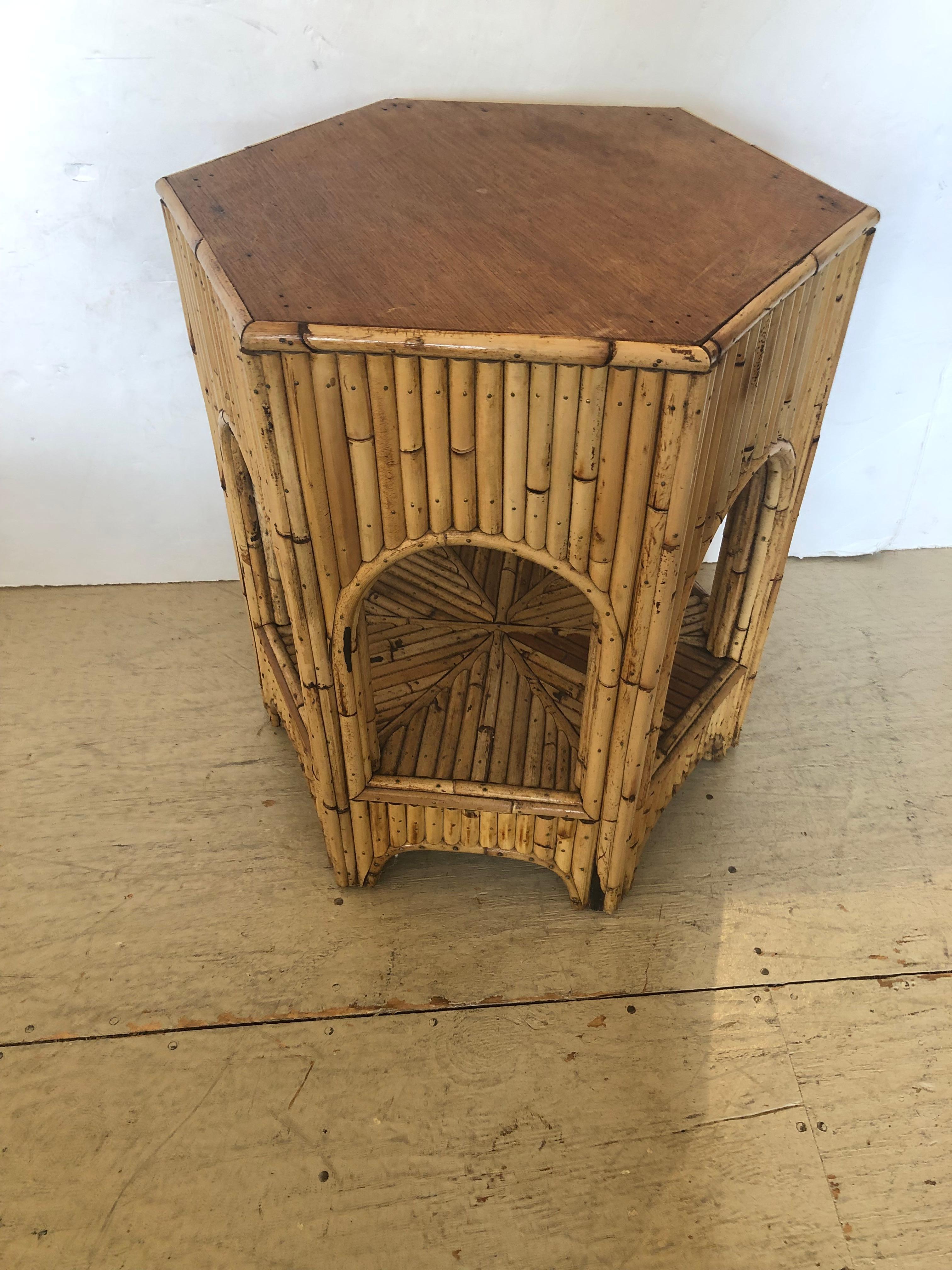 Stylish Mid Century Modern Hexagonal Bamboo Side End Table For Sale 2