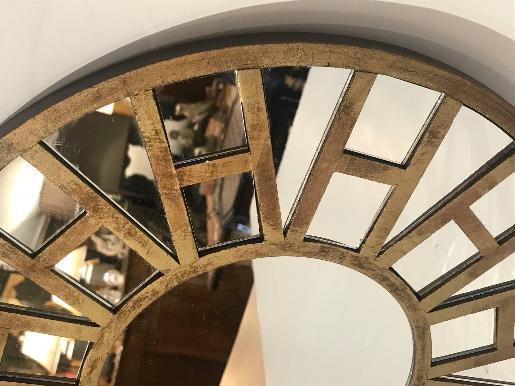 American Stylish Mid-Century Modern Round Mirror with Brass Overlay