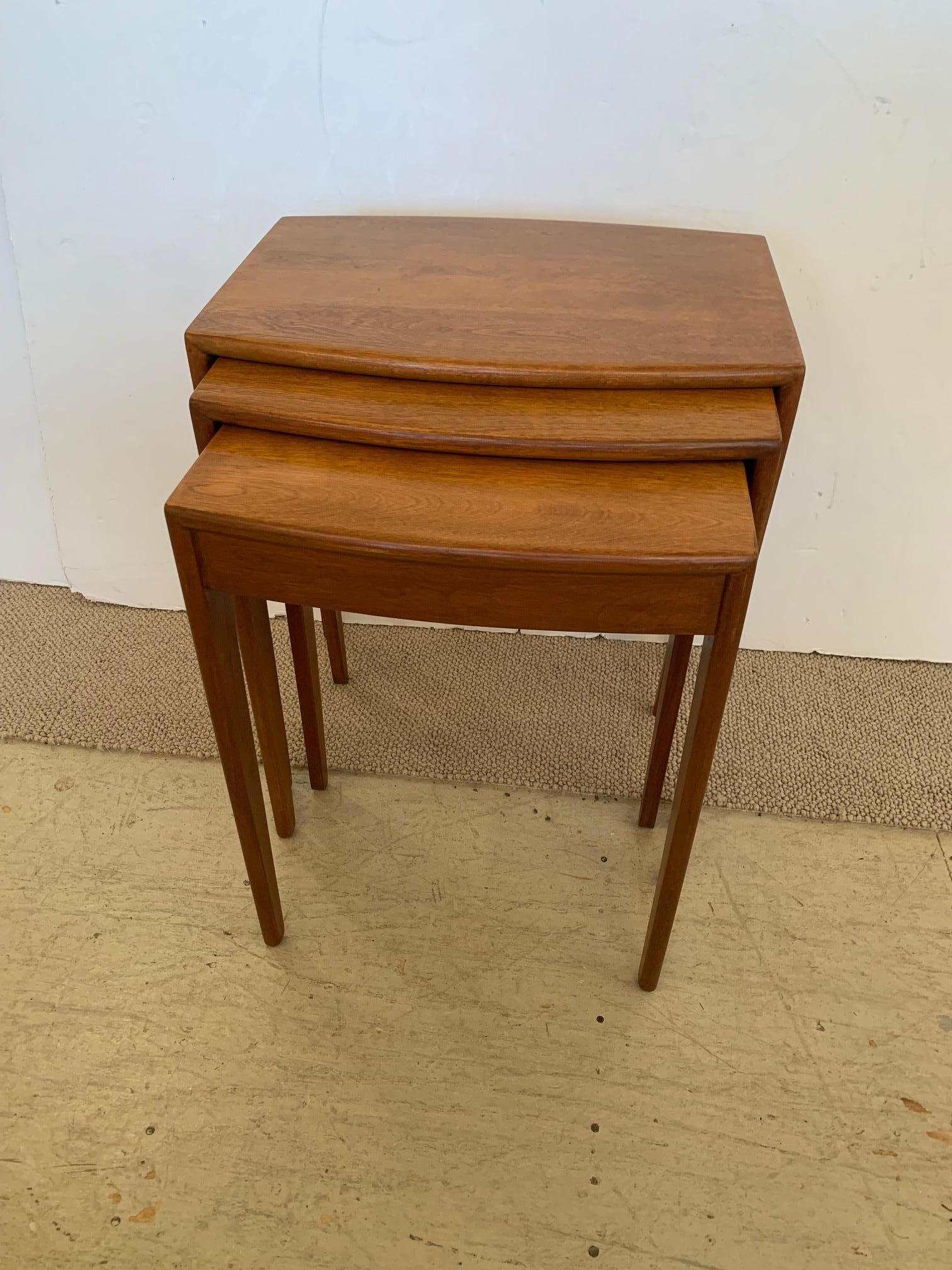 Sophisticated and versatile set of 3 Mid-Century Modern maple nesting tables with a sleek Milo Baughman-esque vibe.
Large table 24.75” H x 15” D x 21” W
Medium table23.25” H x 13.5” D x 19” W
Small table 22.25” H x 12” D x 17” W.