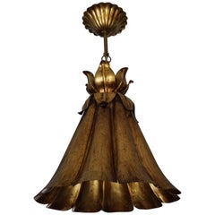Stylish Midcentury Gilt Metal Trumpet Flower Design Pendant Light / Chandelier