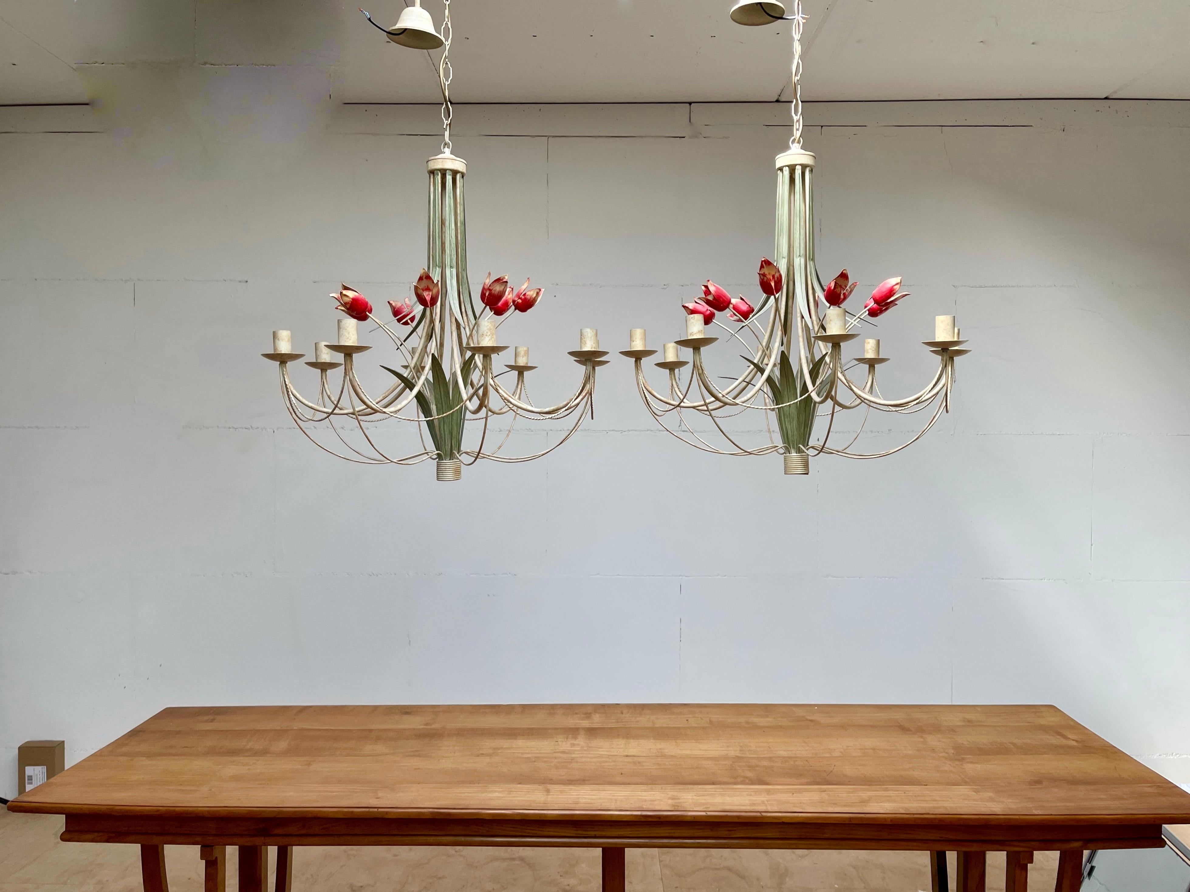 Stylish Midcentury Modern Large Pair of Metal Tulip Flower Bouquets Chandeliers 6