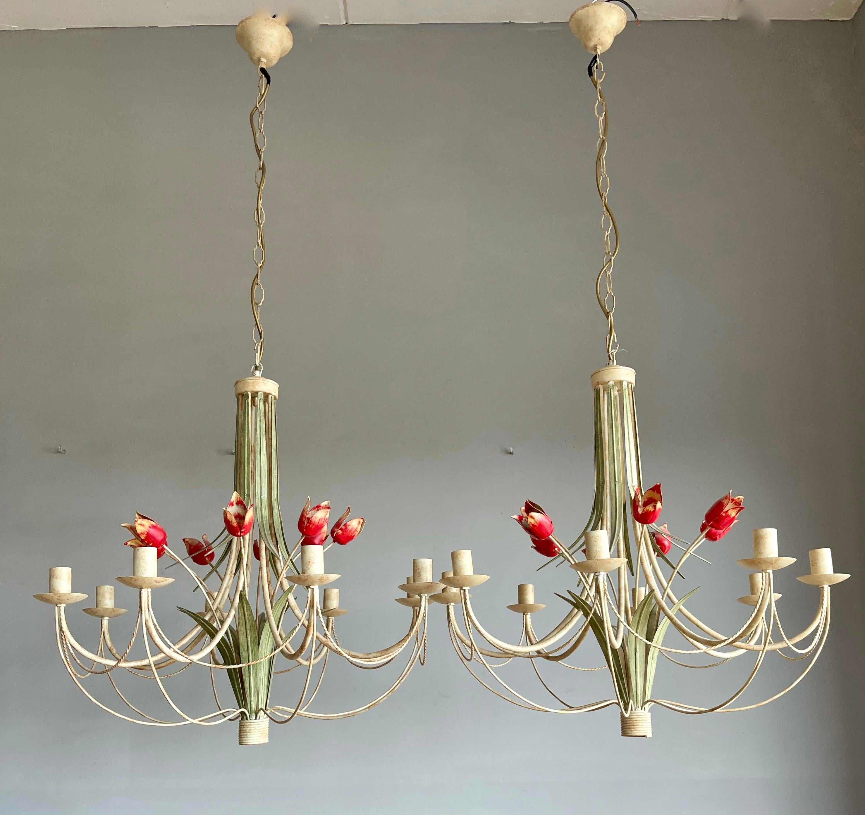Stylish Midcentury Modern Large Pair of Metal Tulip Flower Bouquets Chandeliers 10