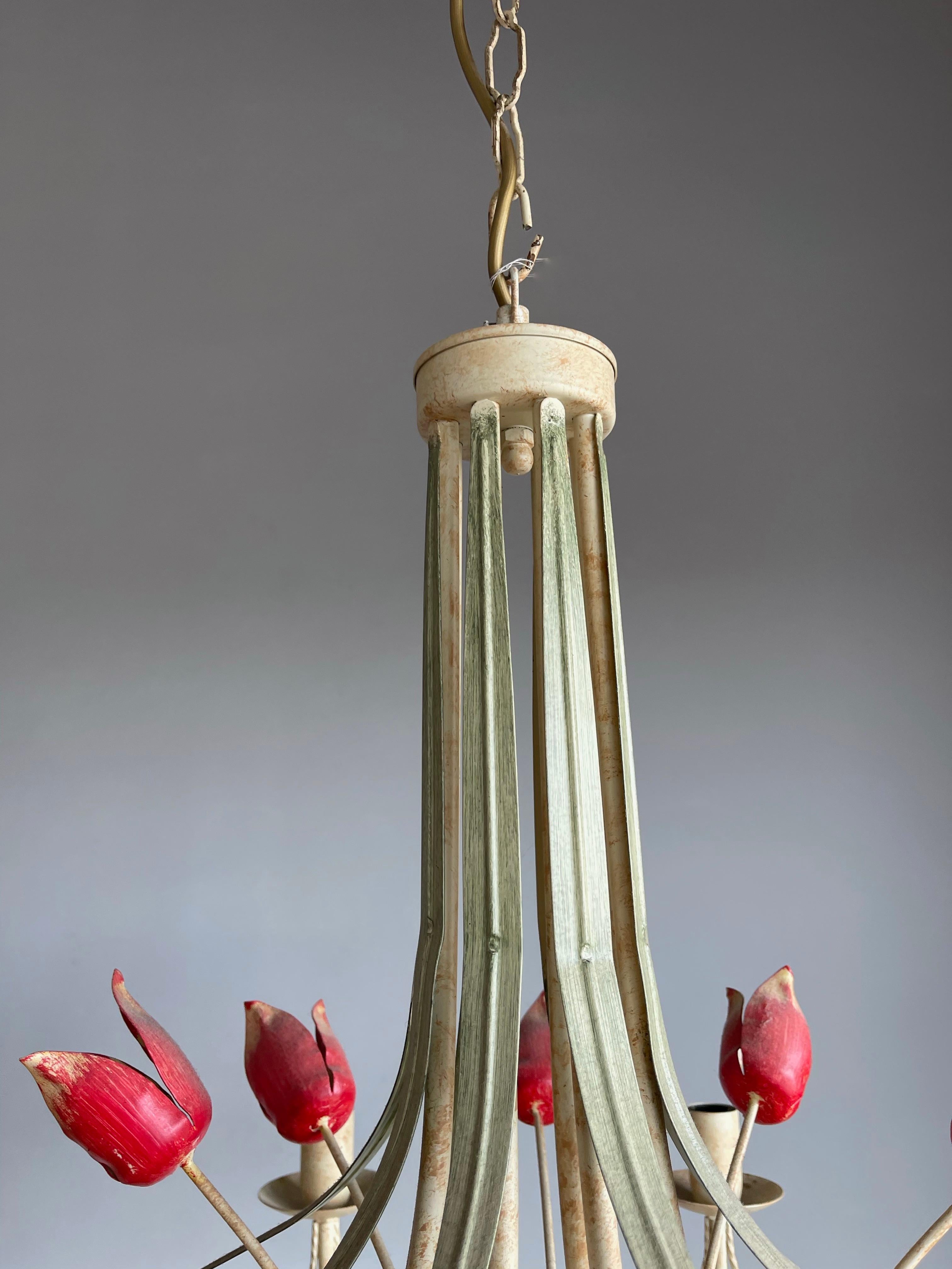 Stylish Midcentury Modern Large Pair of Metal Tulip Flower Bouquets Chandeliers 12