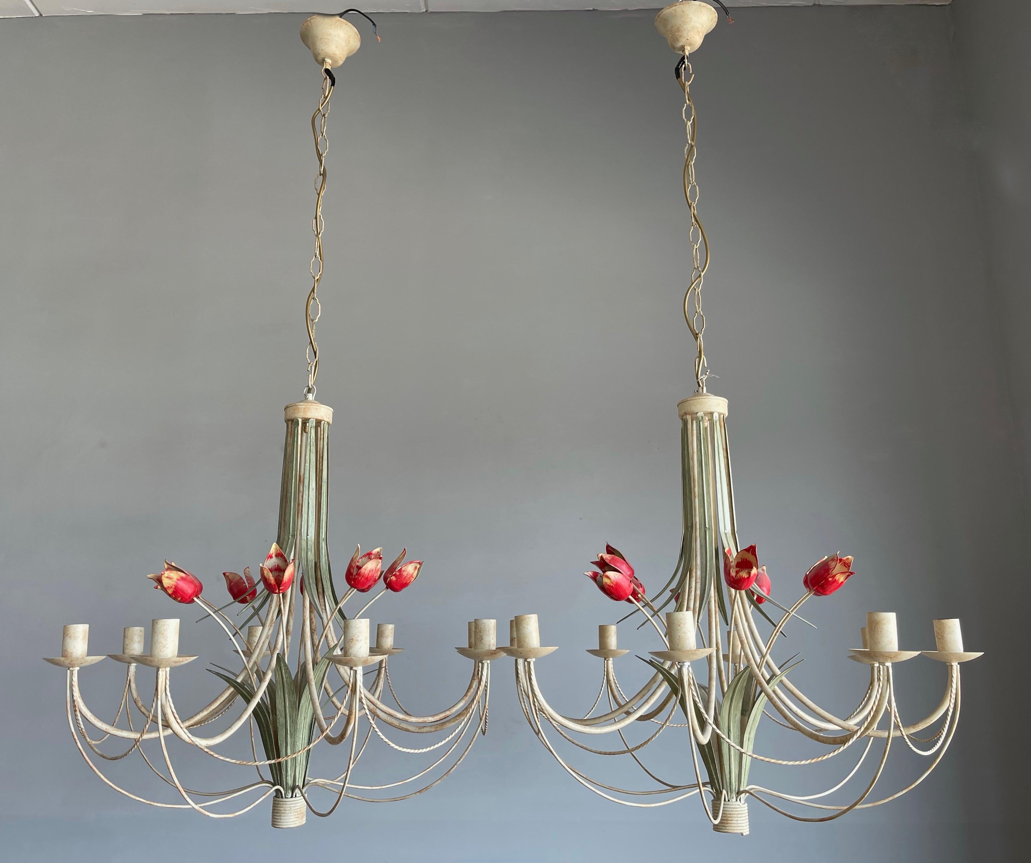 Stunning design, Italian Made, Dutch tulip tole pendant lights.

This incredibly well designed and beautifully executed pair of decorative chandeliers is in mint condition. When you are born and raised in Holland, like we have, then you have learned