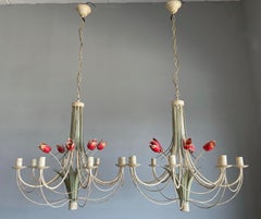 Stylish Midcentury Modern Large Pair of Metal Tulip Flower Bouquets Chandeliers