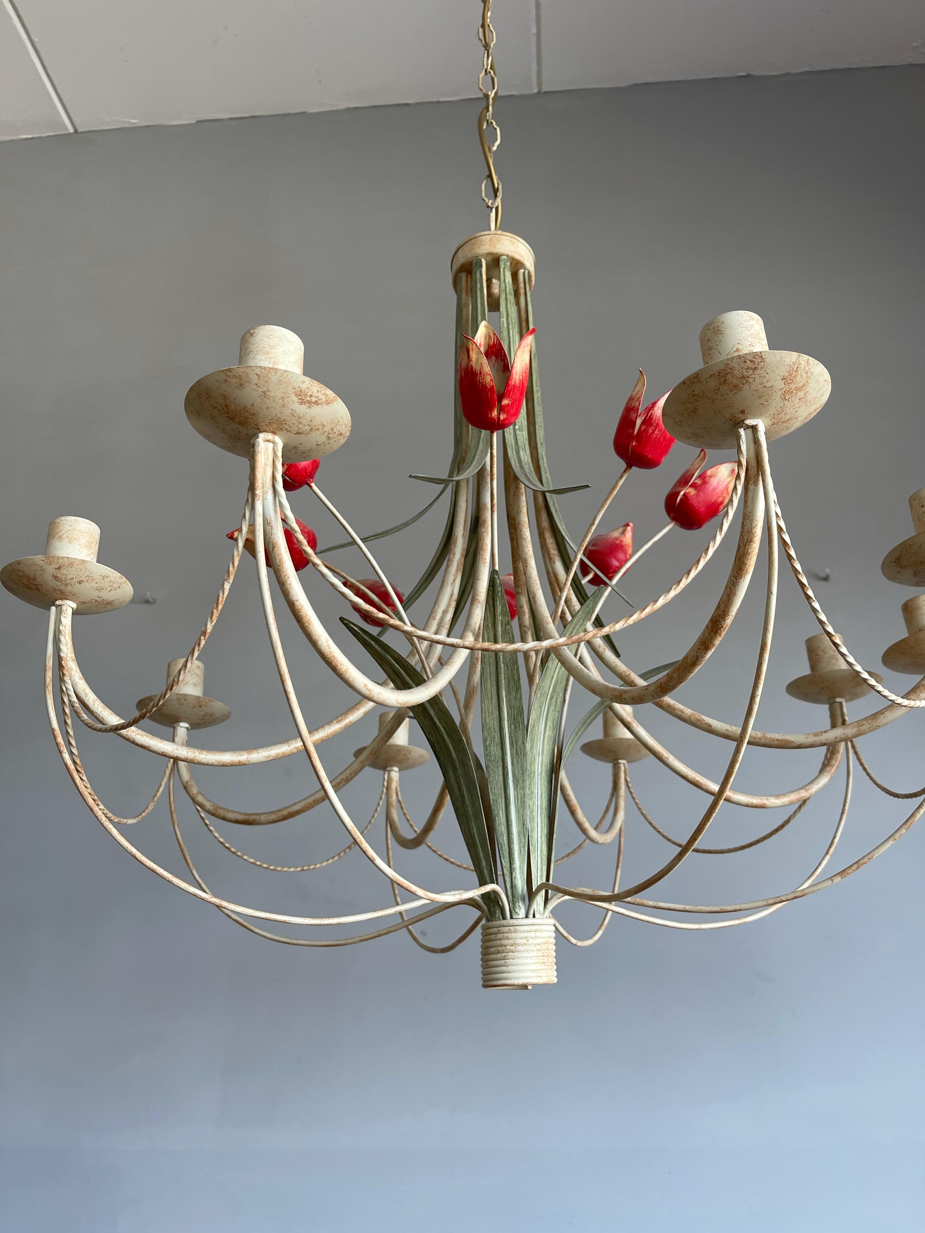 Stylish Midcentury Modern Large Pair of Metal Tulip Flower Bouquets Chandeliers 13