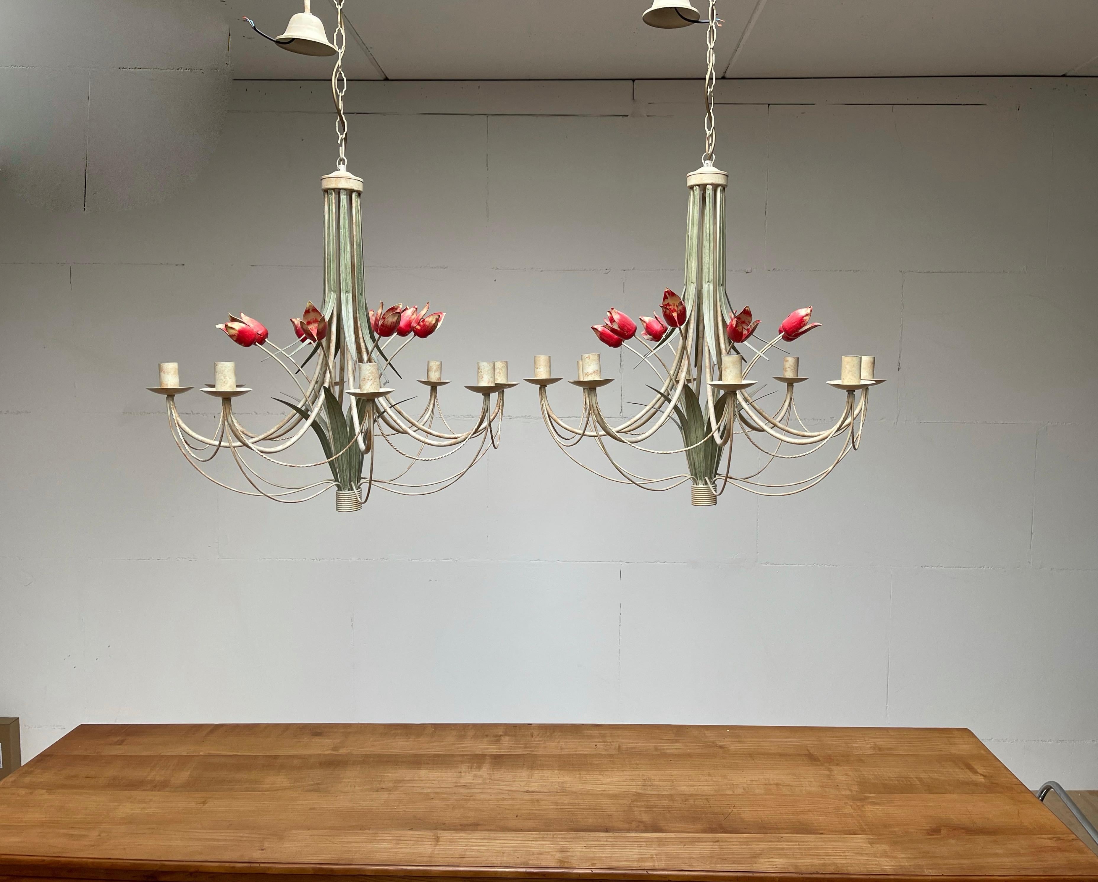 Painted Stylish Midcentury Modern Large Pair of Metal Tulip Flower Bouquets Chandeliers
