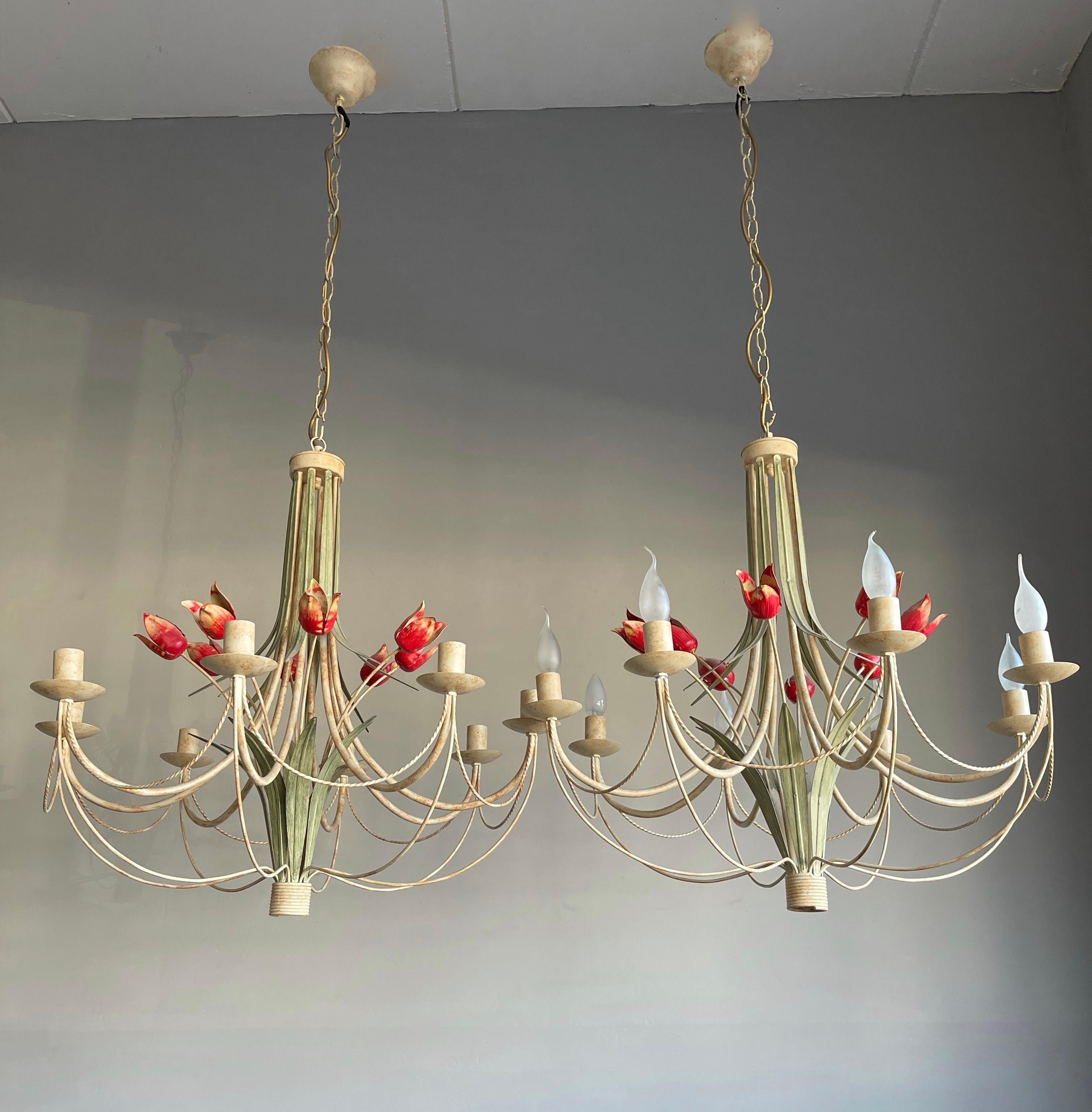 Stylish Midcentury Modern Large Pair of Metal Tulip Flower Bouquets Chandeliers In Excellent Condition In Lisse, NL