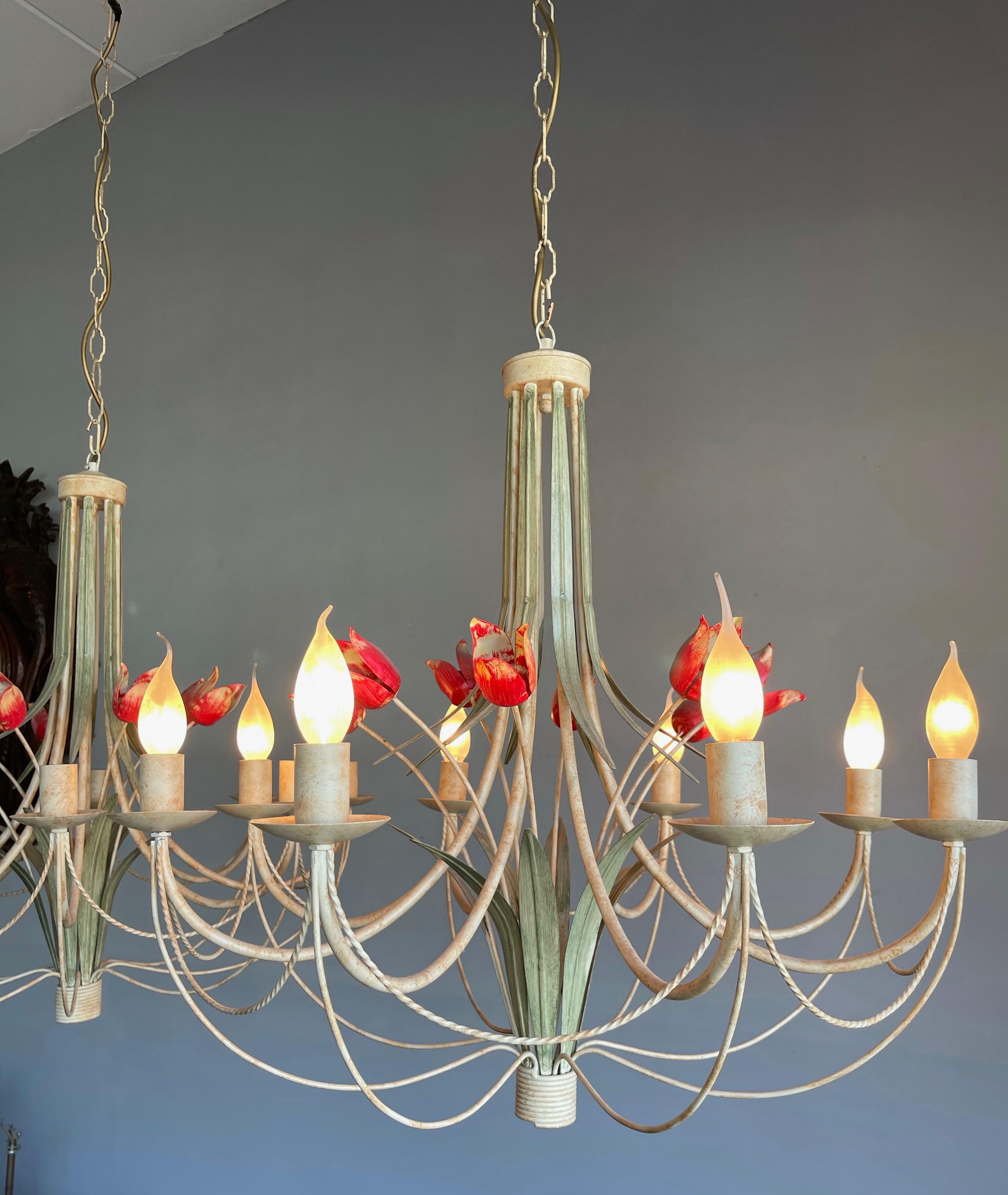 Late 20th Century Stylish Midcentury Modern Large Pair of Metal Tulip Flower Bouquets Chandeliers