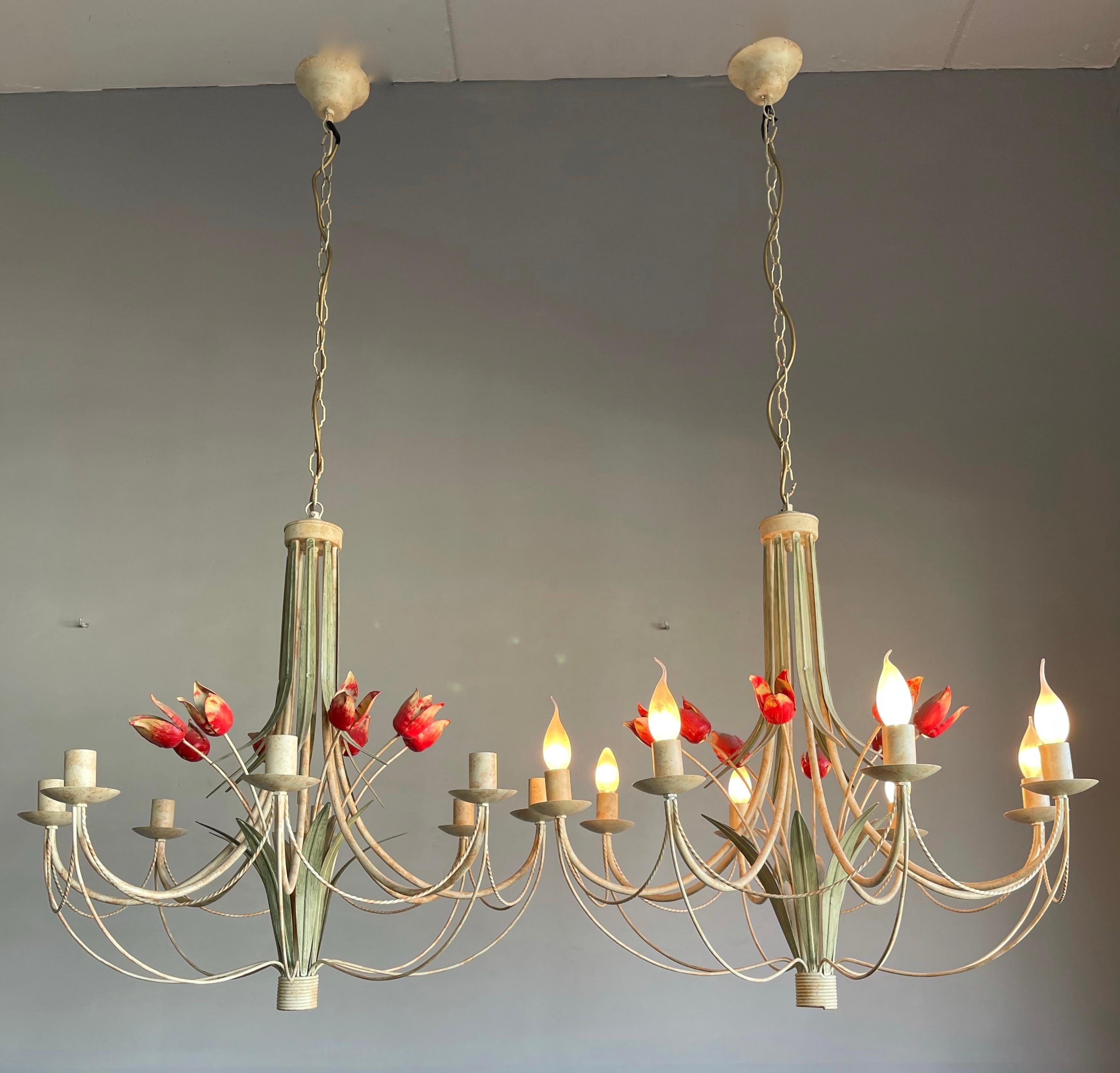 Stylish Midcentury Modern Large Pair of Metal Tulip Flower Bouquets Chandeliers 2