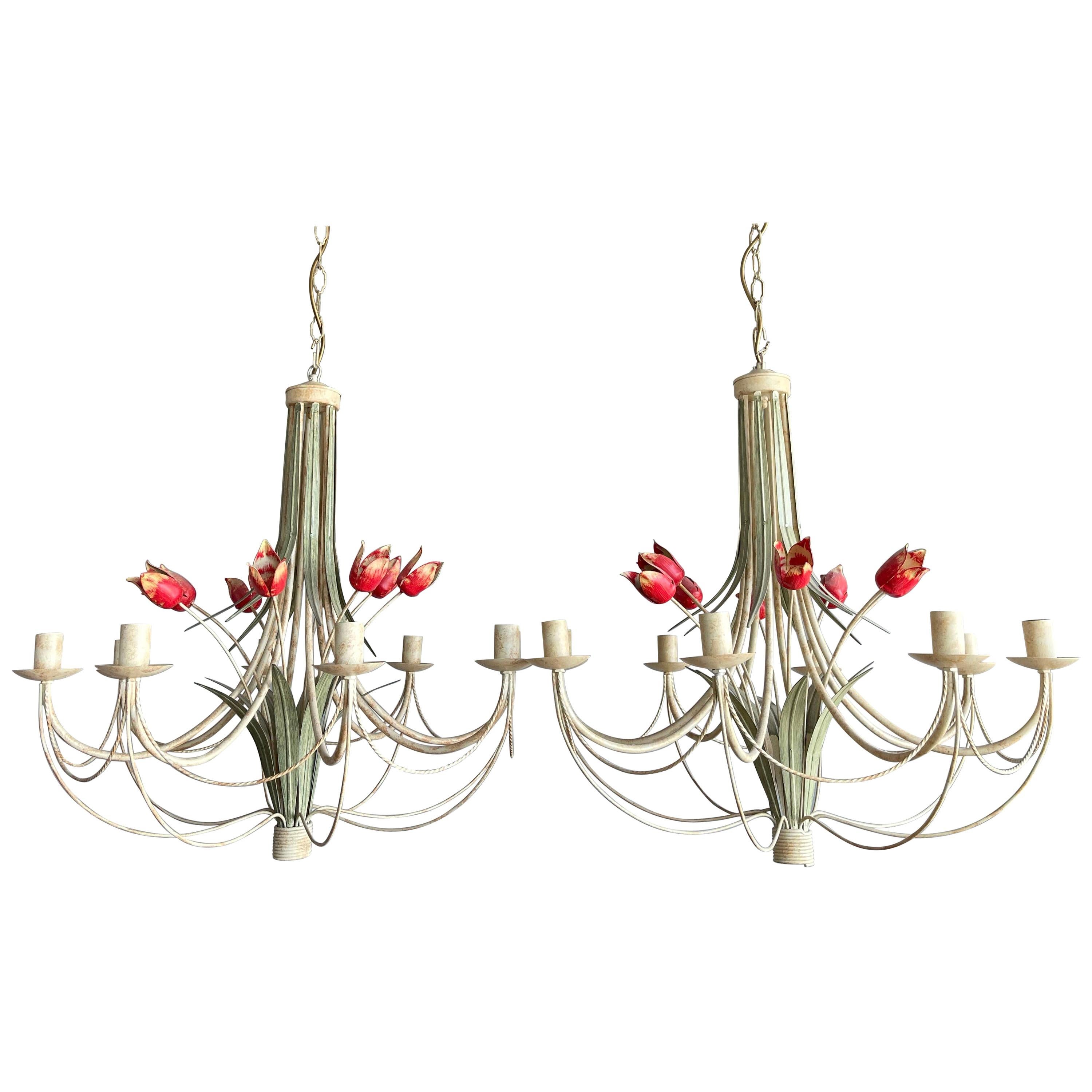 Stylish Midcentury Modern Large Pair of Metal Tulip Flower Bouquets Chandeliers