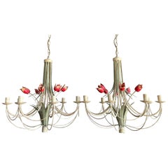 Vintage Stylish Midcentury Modern Large Pair of Metal Tulip Flower Bouquets Chandeliers