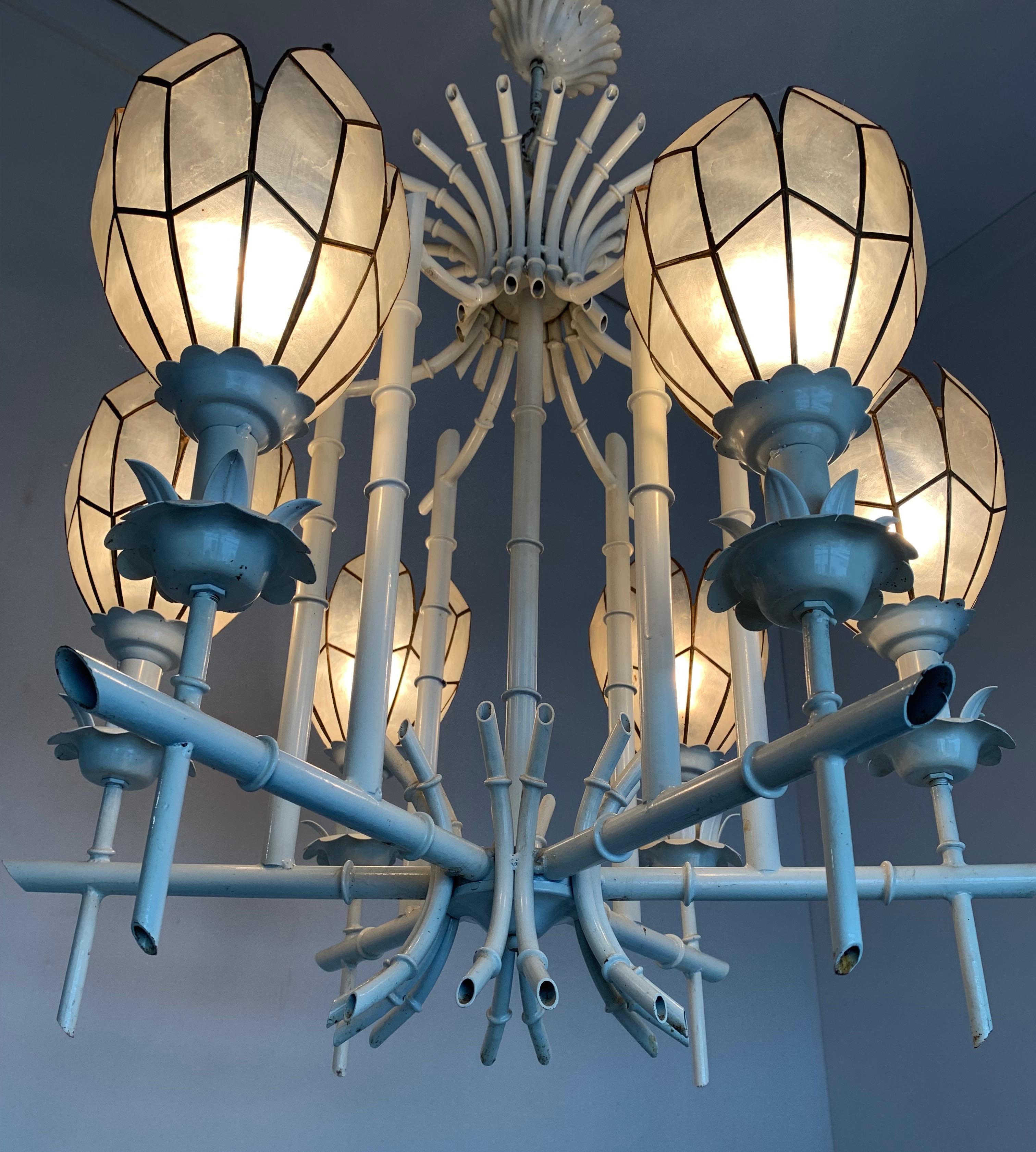 Stylish Midcentury White Metal Bamboo & Flower Design Pendant Light / Chandelier For Sale 2