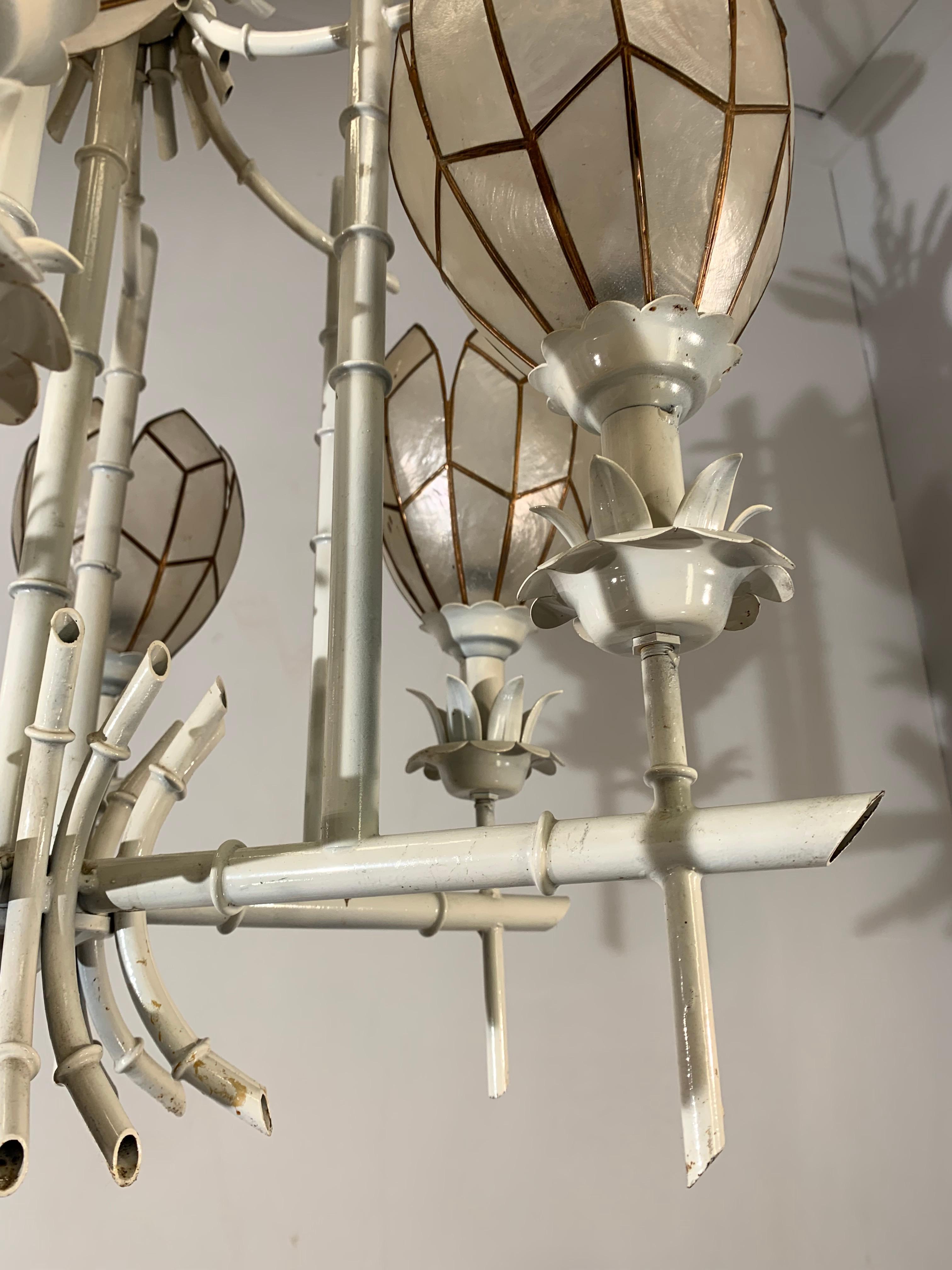 Stylish Midcentury White Metal Bamboo & Flower Design Pendant Light / Chandelier For Sale 4