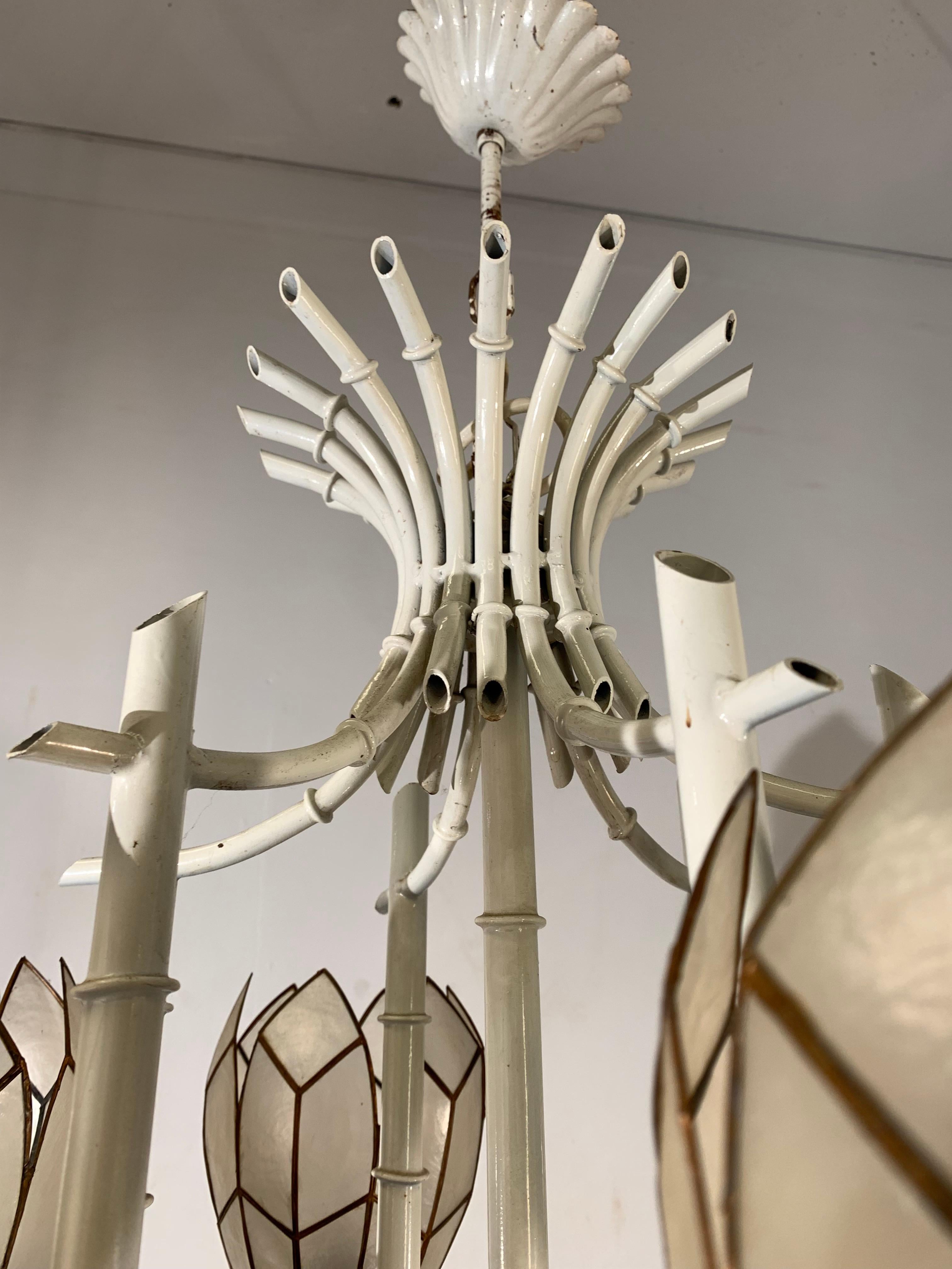 Stylish Midcentury White Metal Bamboo & Flower Design Pendant Light / Chandelier For Sale 5