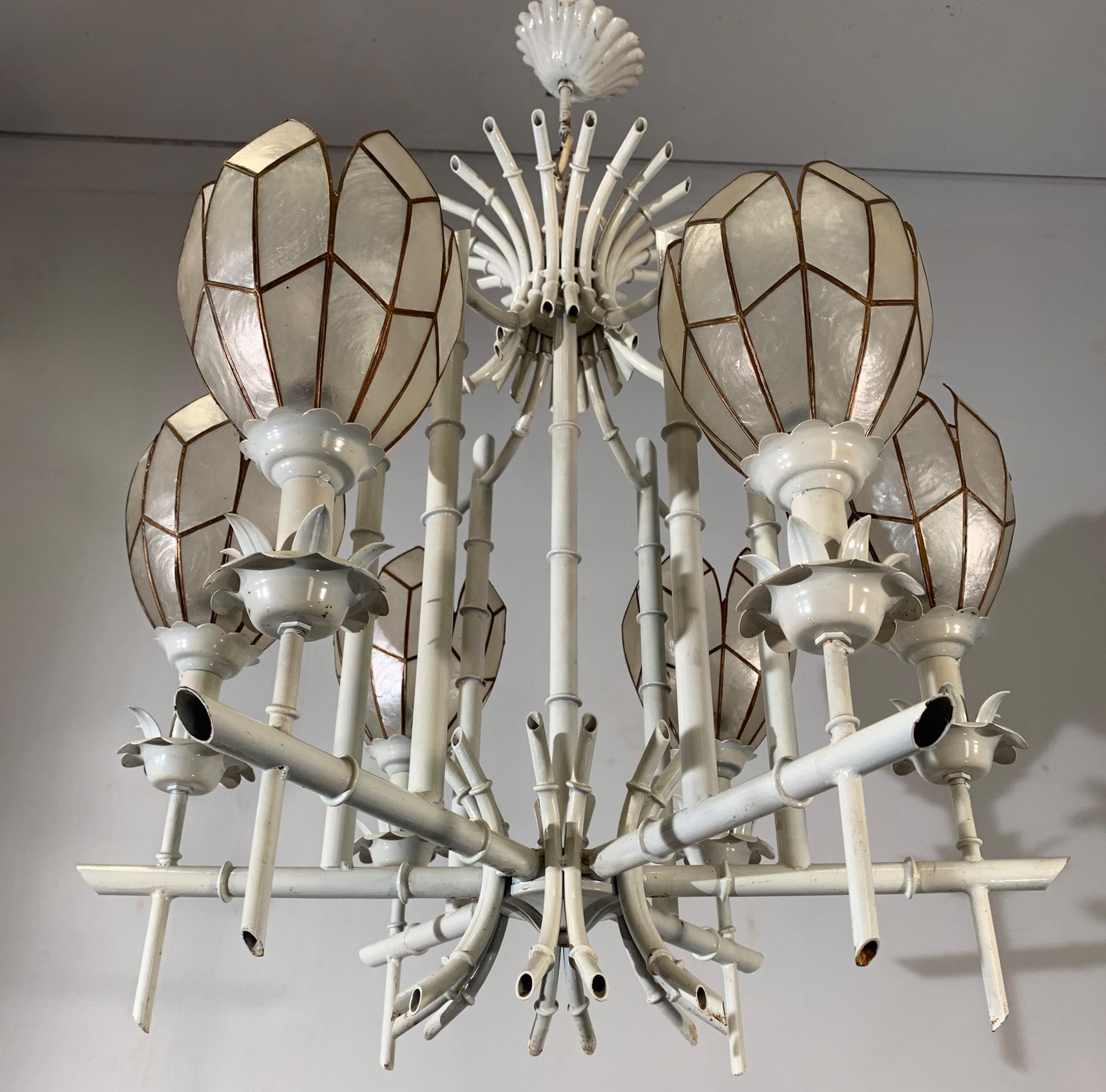 Stylish Midcentury White Metal Bamboo & Flower Design Pendant Light / Chandelier For Sale 7