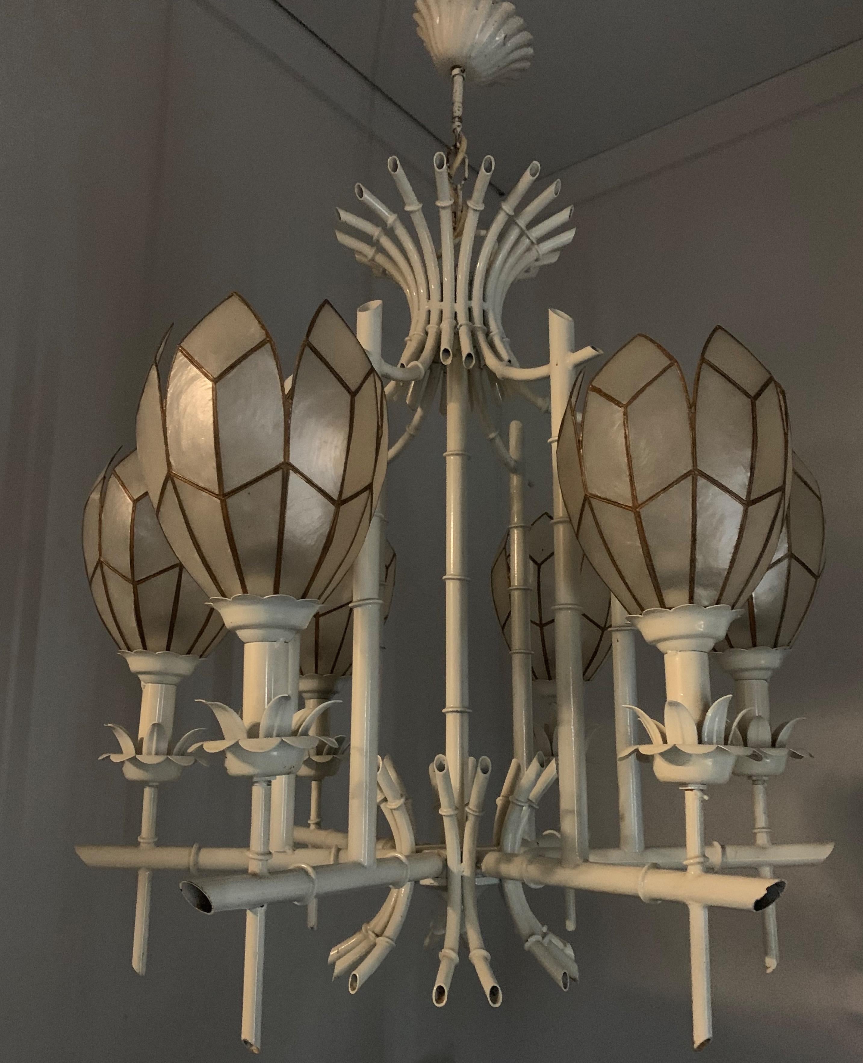 Stylish Midcentury White Metal Bamboo & Flower Design Pendant Light / Chandelier For Sale 10