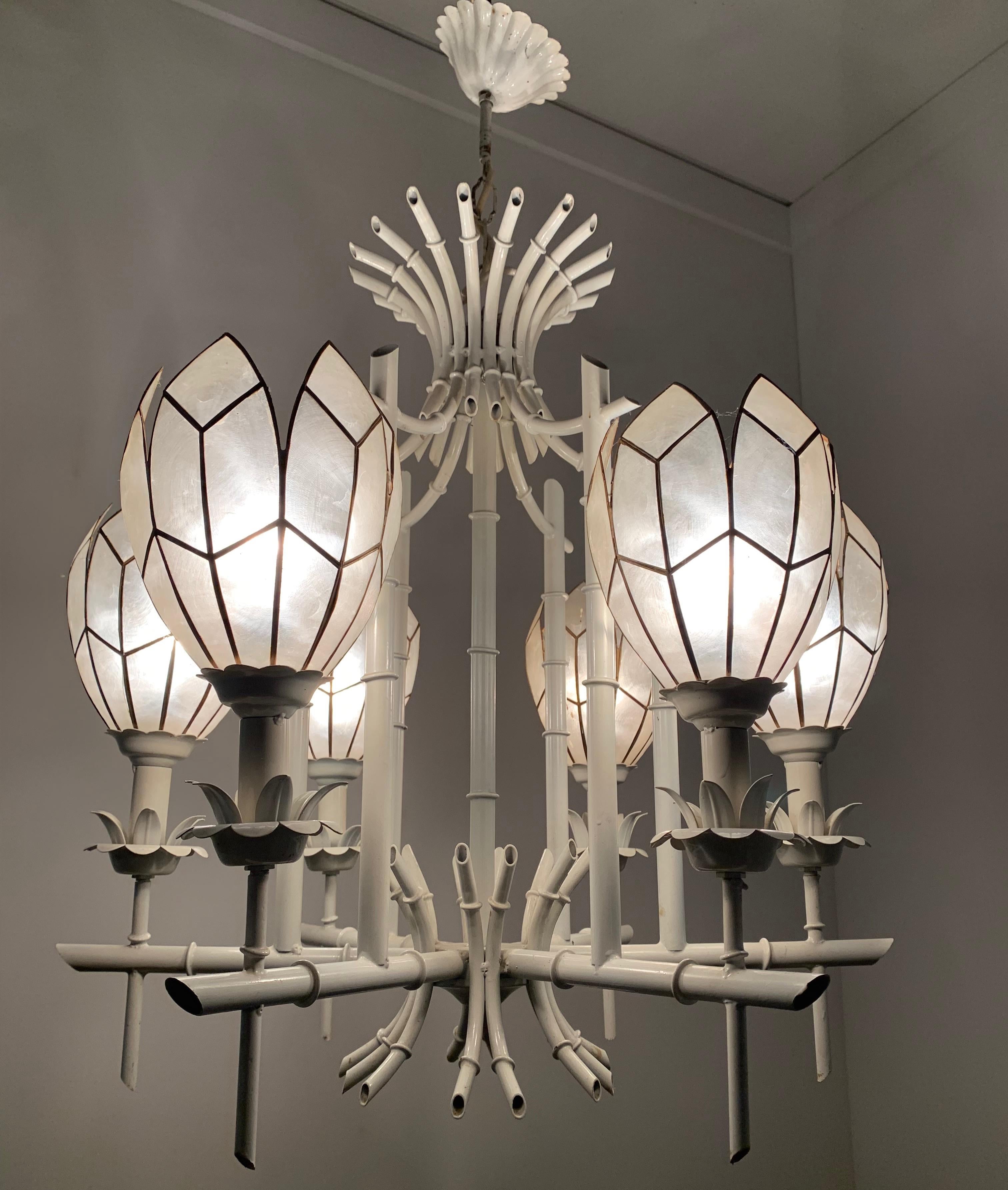 Stylish Midcentury White Metal Bamboo & Flower Design Pendant Light / Chandelier For Sale 11