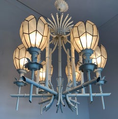 Stylish Midcentury White Metal Bamboo & Flower Design Pendant Light / Chandelier