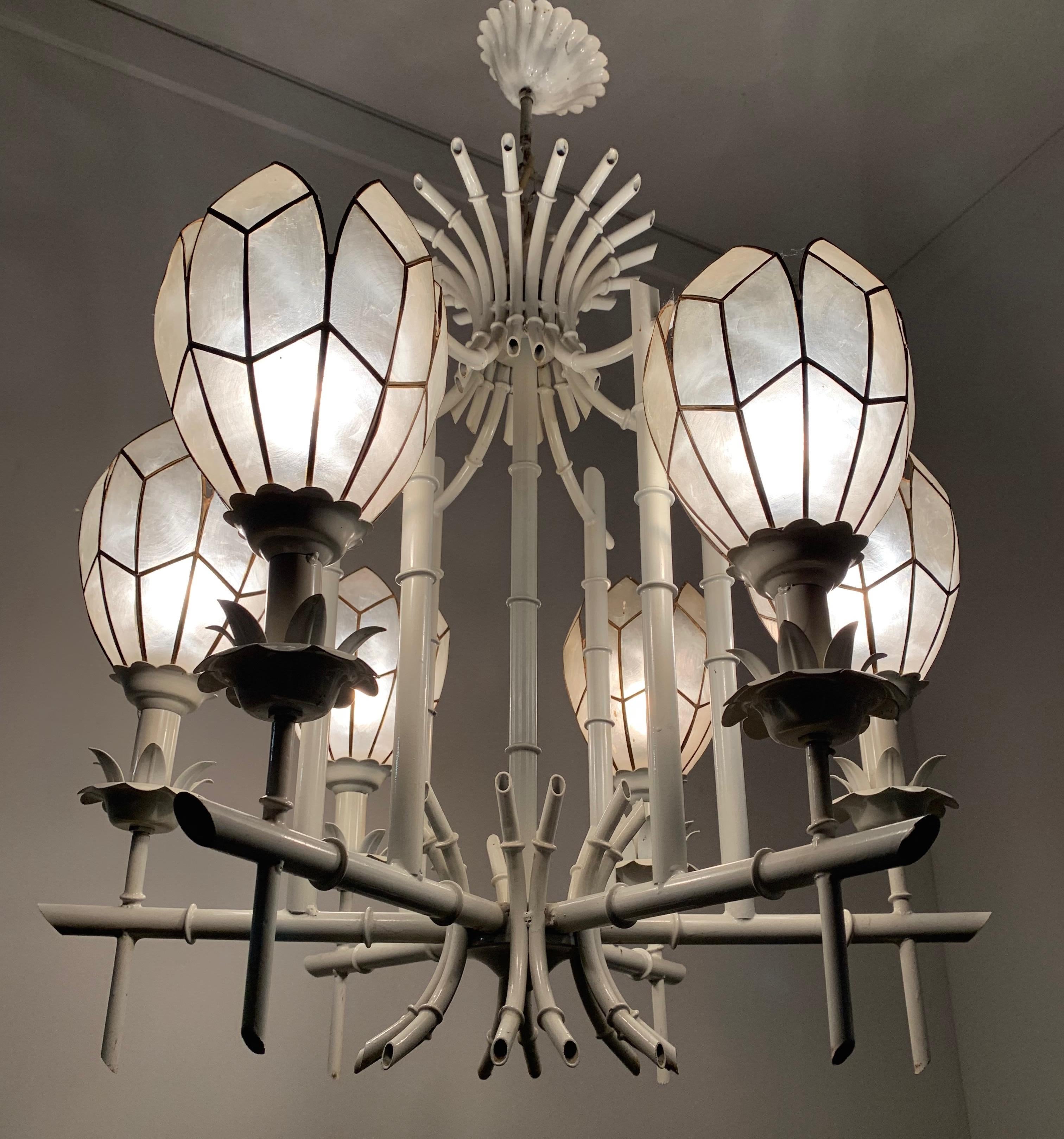 Stylish Midcentury White Metal Bamboo & Flower Design Pendant Light / Chandelier For Sale 12