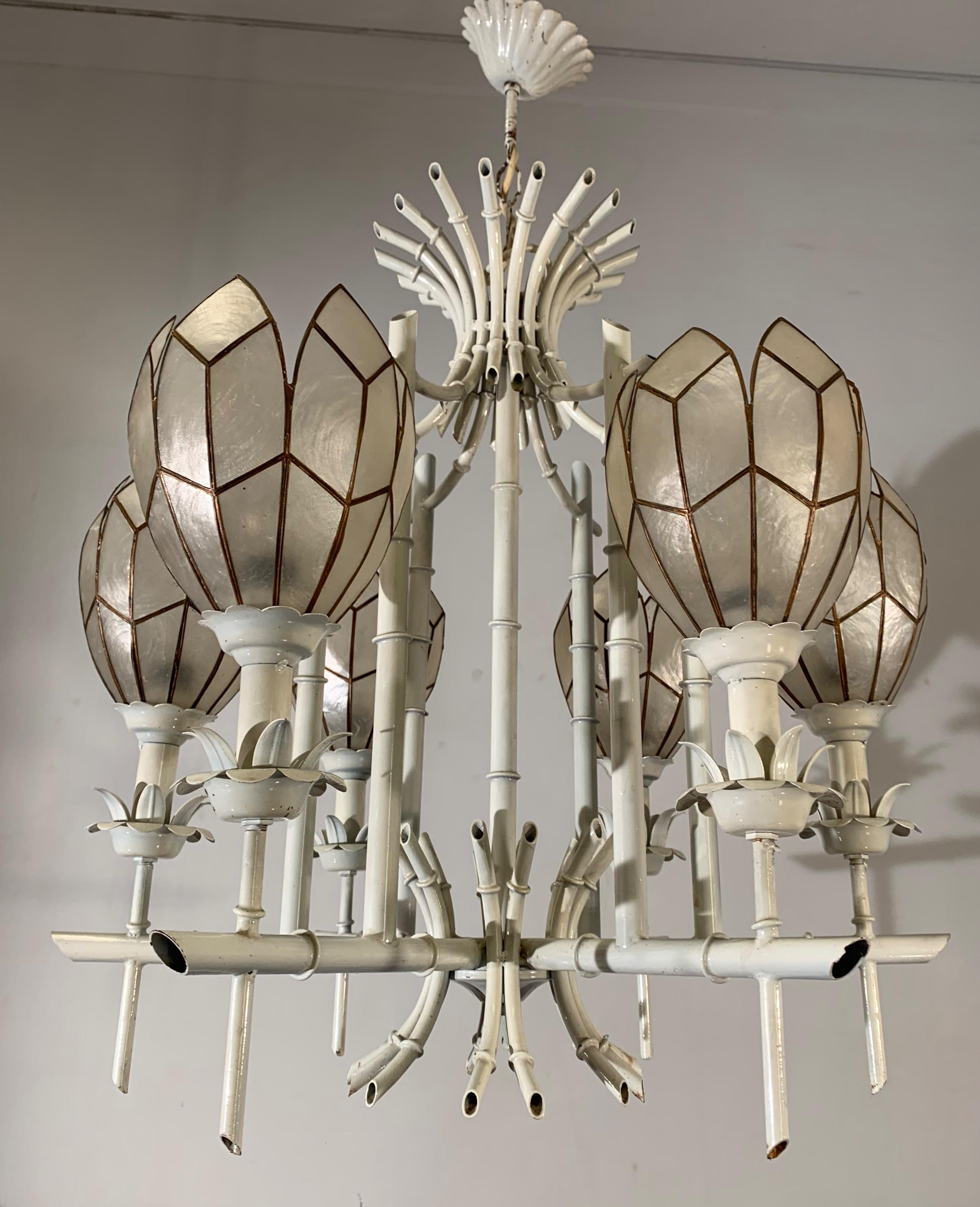 Mid-Century Modern Stylish Midcentury White Metal Bamboo & Flower Design Pendant Light / Chandelier For Sale