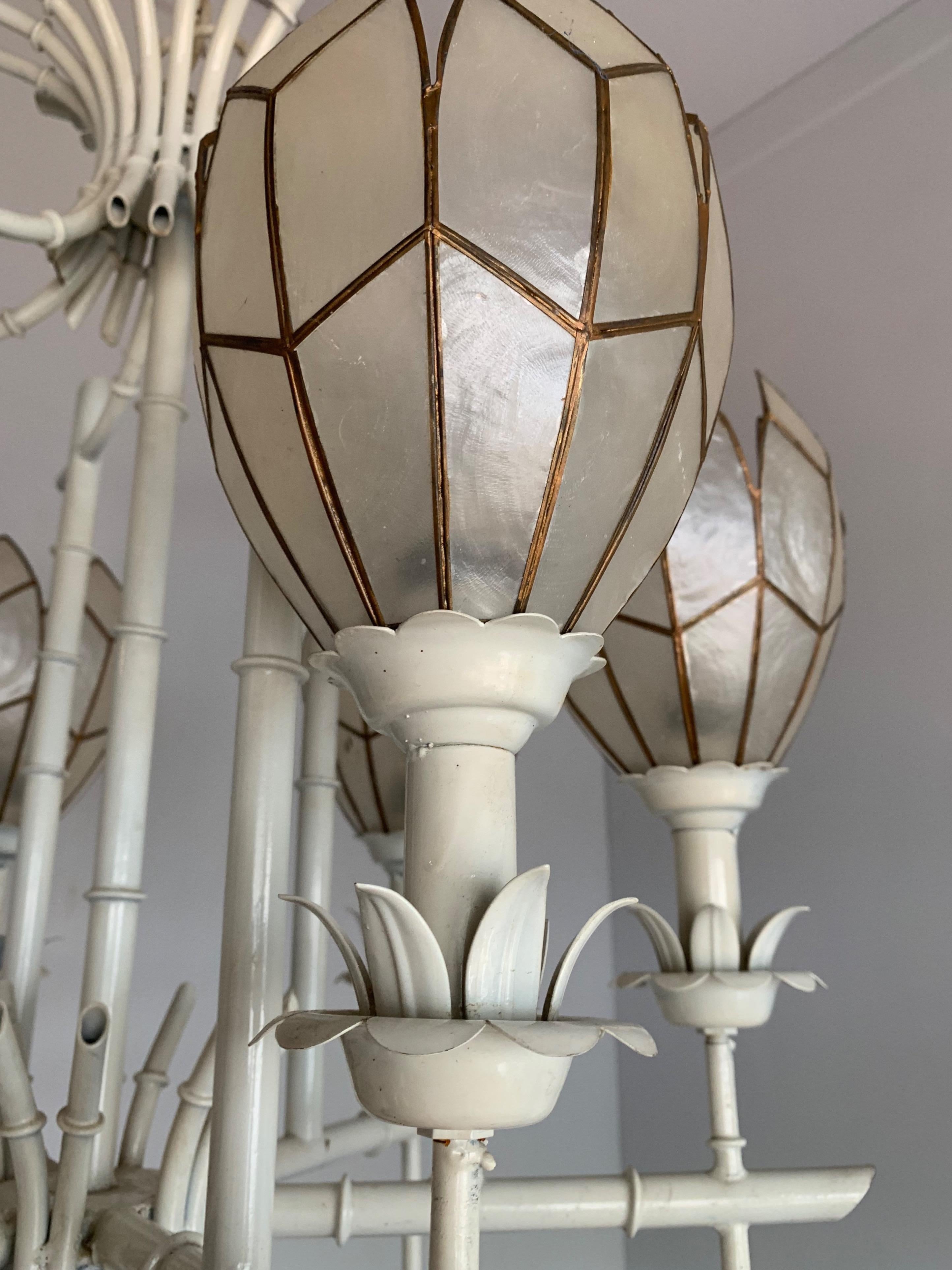 Painted Stylish Midcentury White Metal Bamboo & Flower Design Pendant Light / Chandelier For Sale