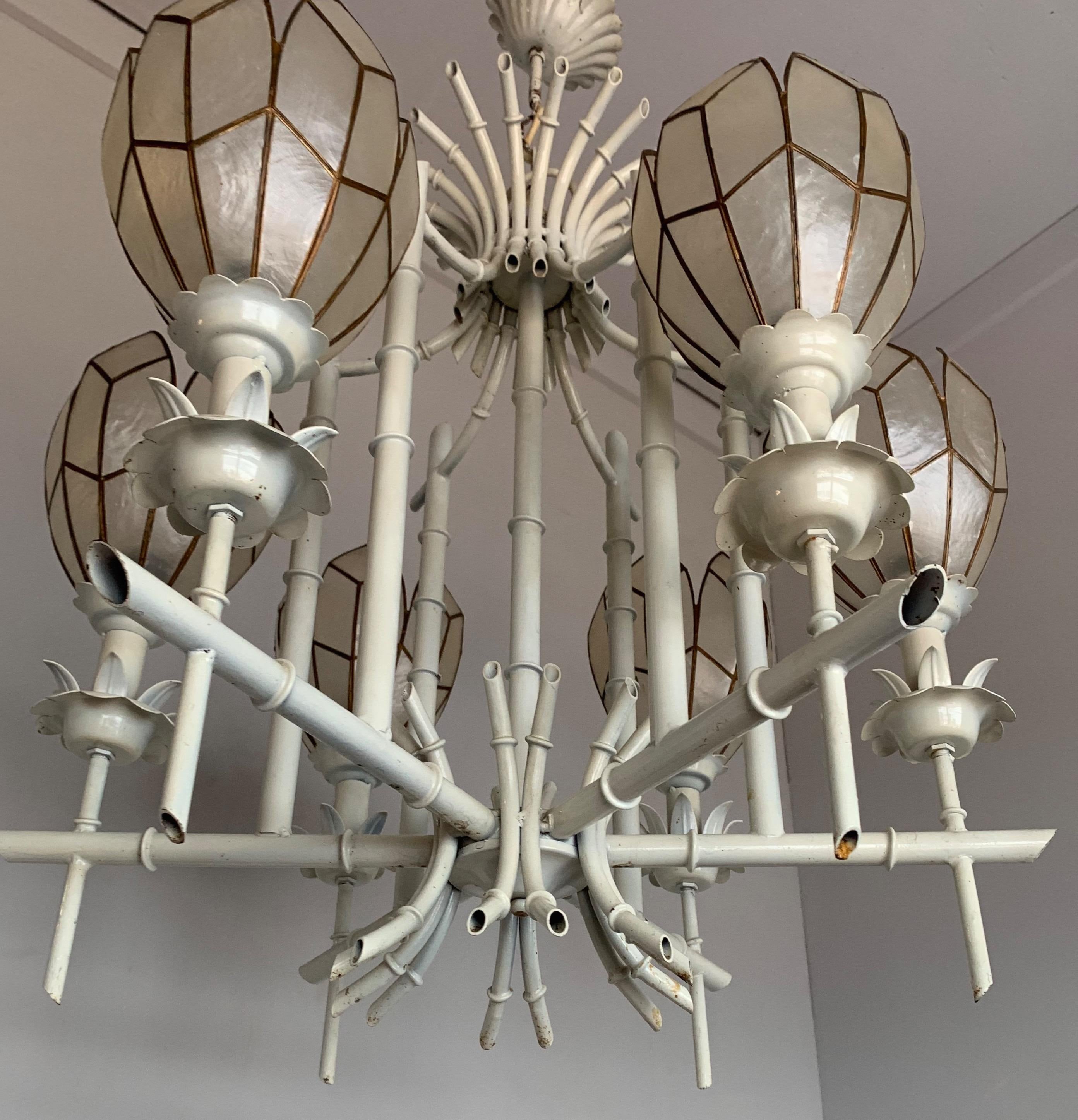 Stylish Midcentury White Metal Bamboo & Flower Design Pendant Light / Chandelier In Good Condition For Sale In Lisse, NL