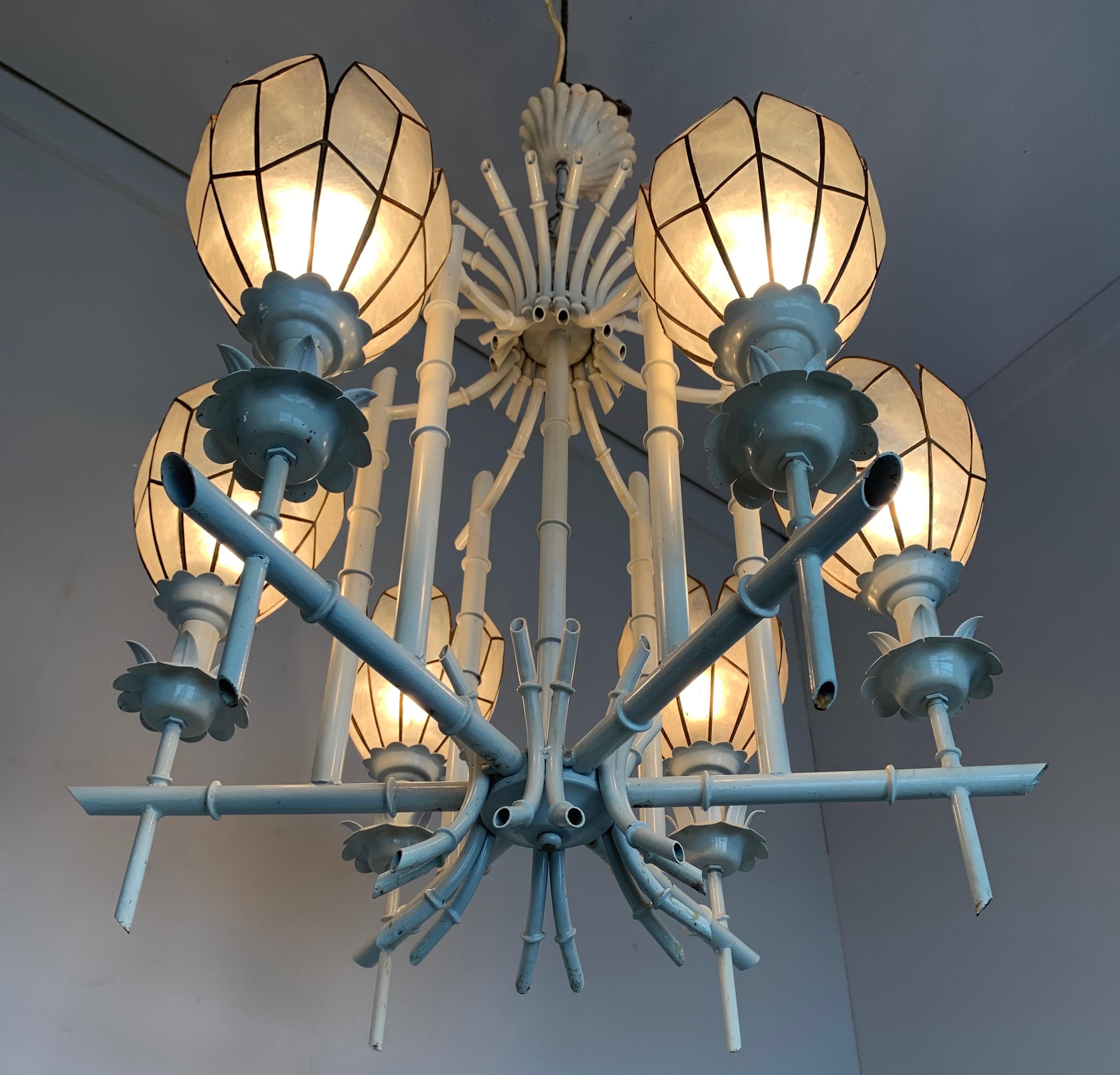 20th Century Stylish Midcentury White Metal Bamboo & Flower Design Pendant Light / Chandelier For Sale