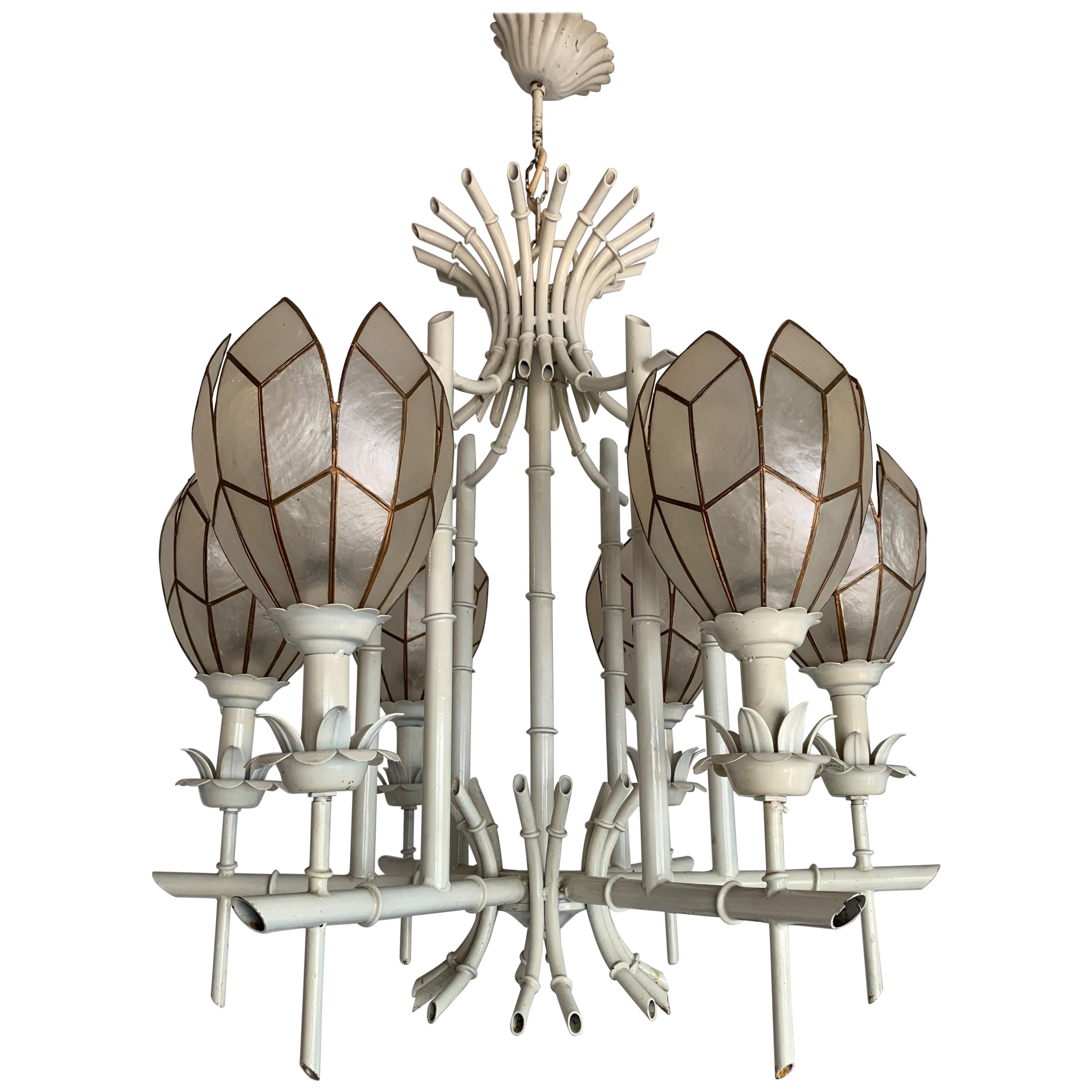 Stylish Midcentury White Metal Bamboo & Flower Design Pendant Light / Chandelier For Sale